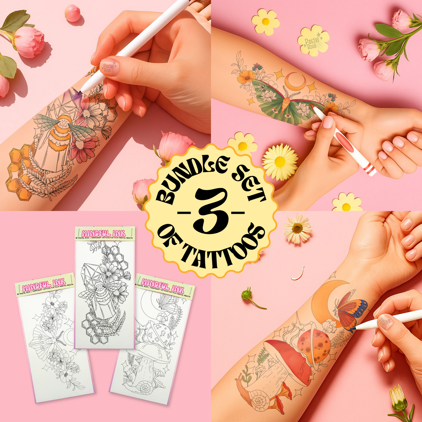 Three unique tattoo designs displayed on a vibrant pink background.
