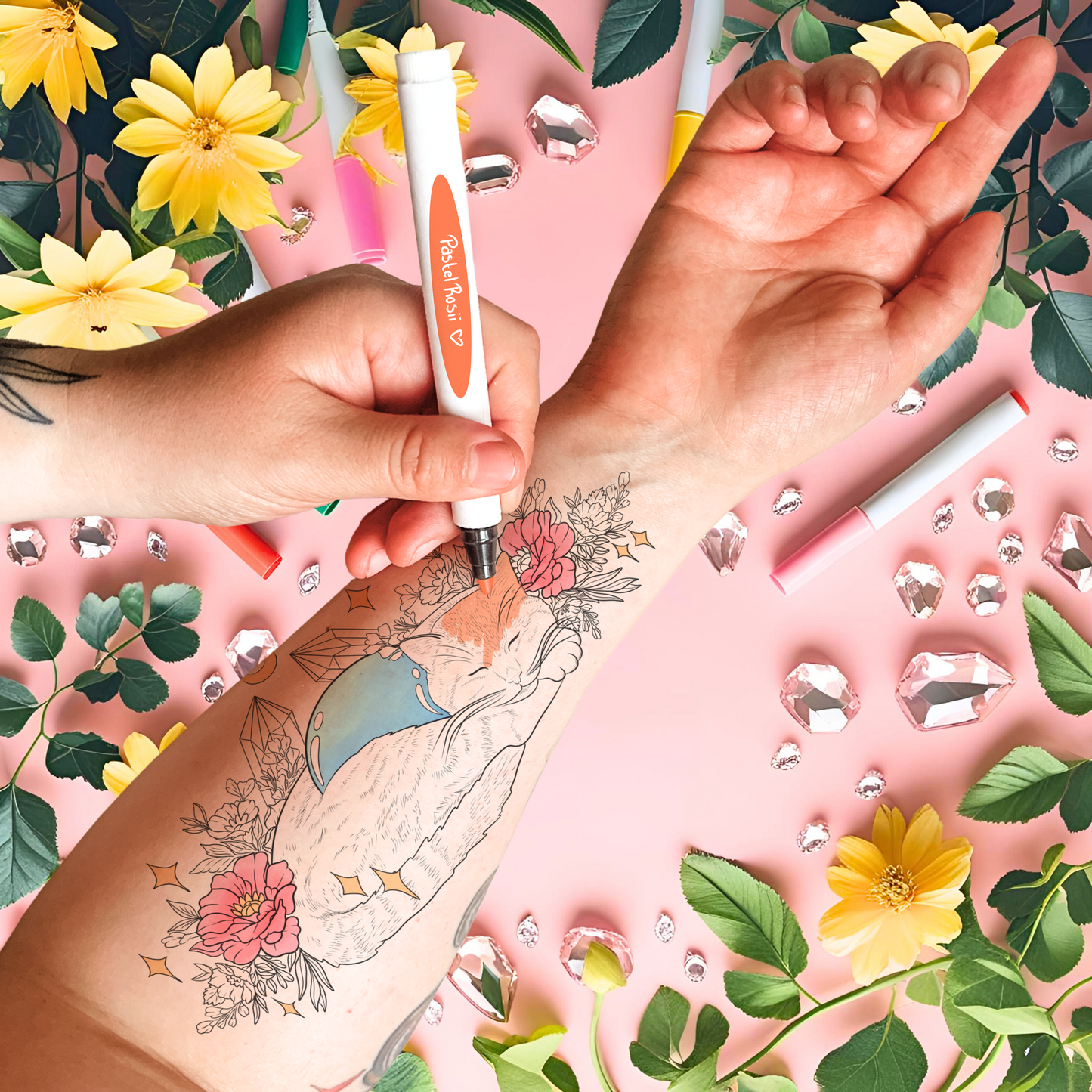 Person getting a tattoo with a floral design on a pink background