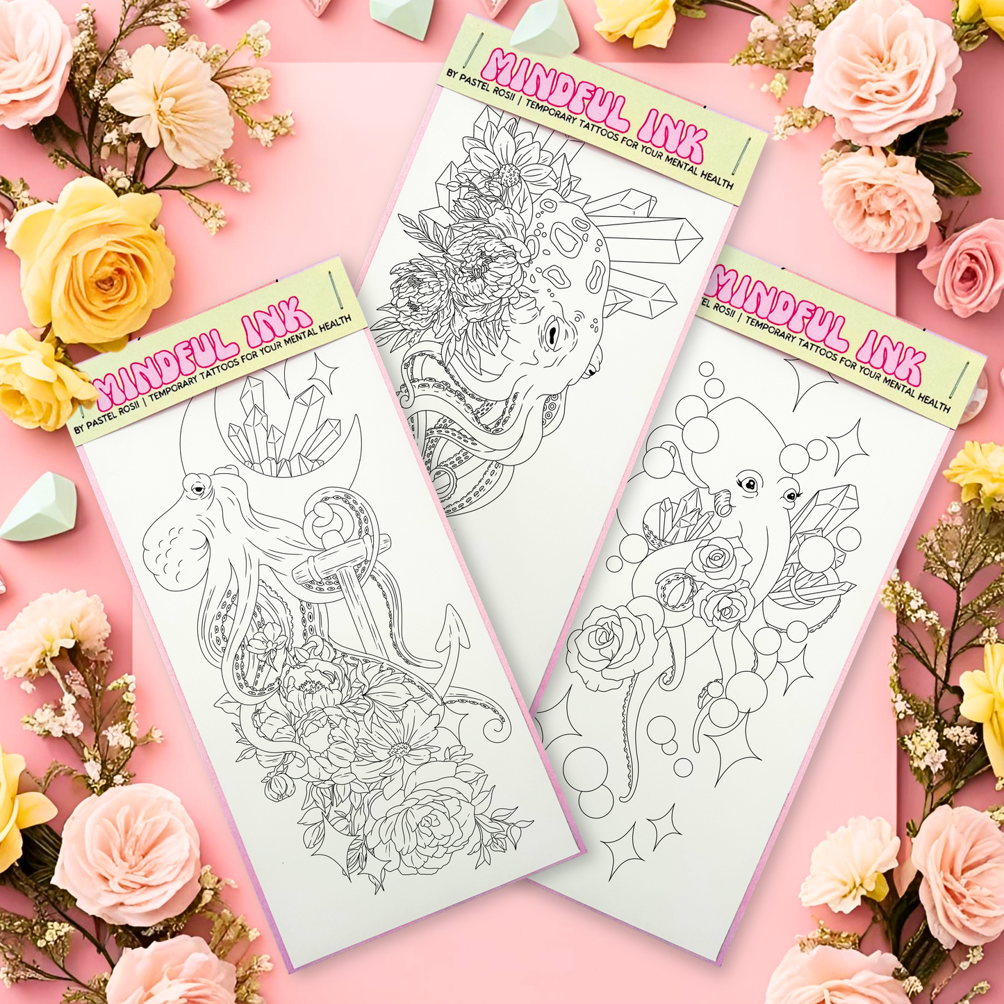 Three tattoo sheets with designs on a pink background with flowers