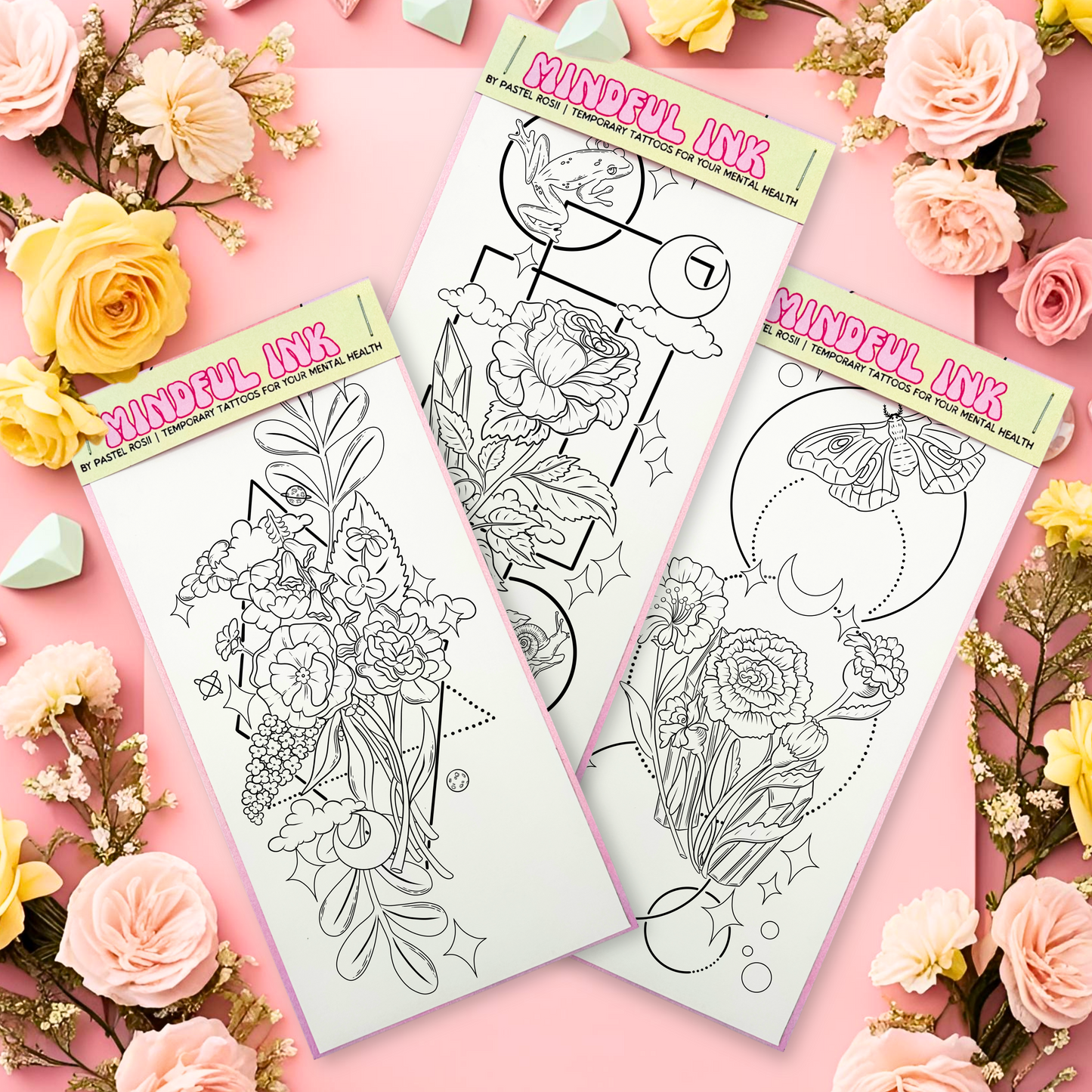 A set of three temporary tattoos showcasing beautiful flowers and butterflies, perfect for artistic expression.