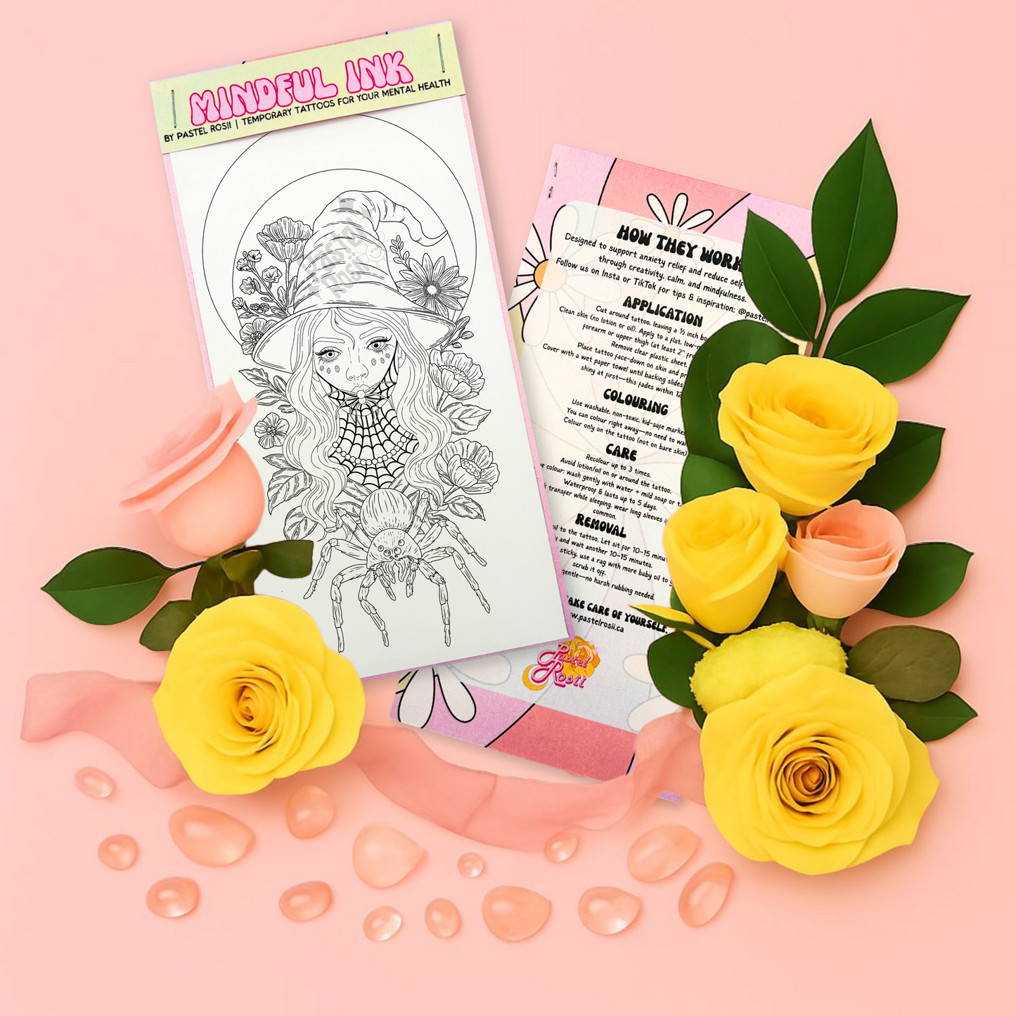 Temporary tattoo with flowers on a pink background.