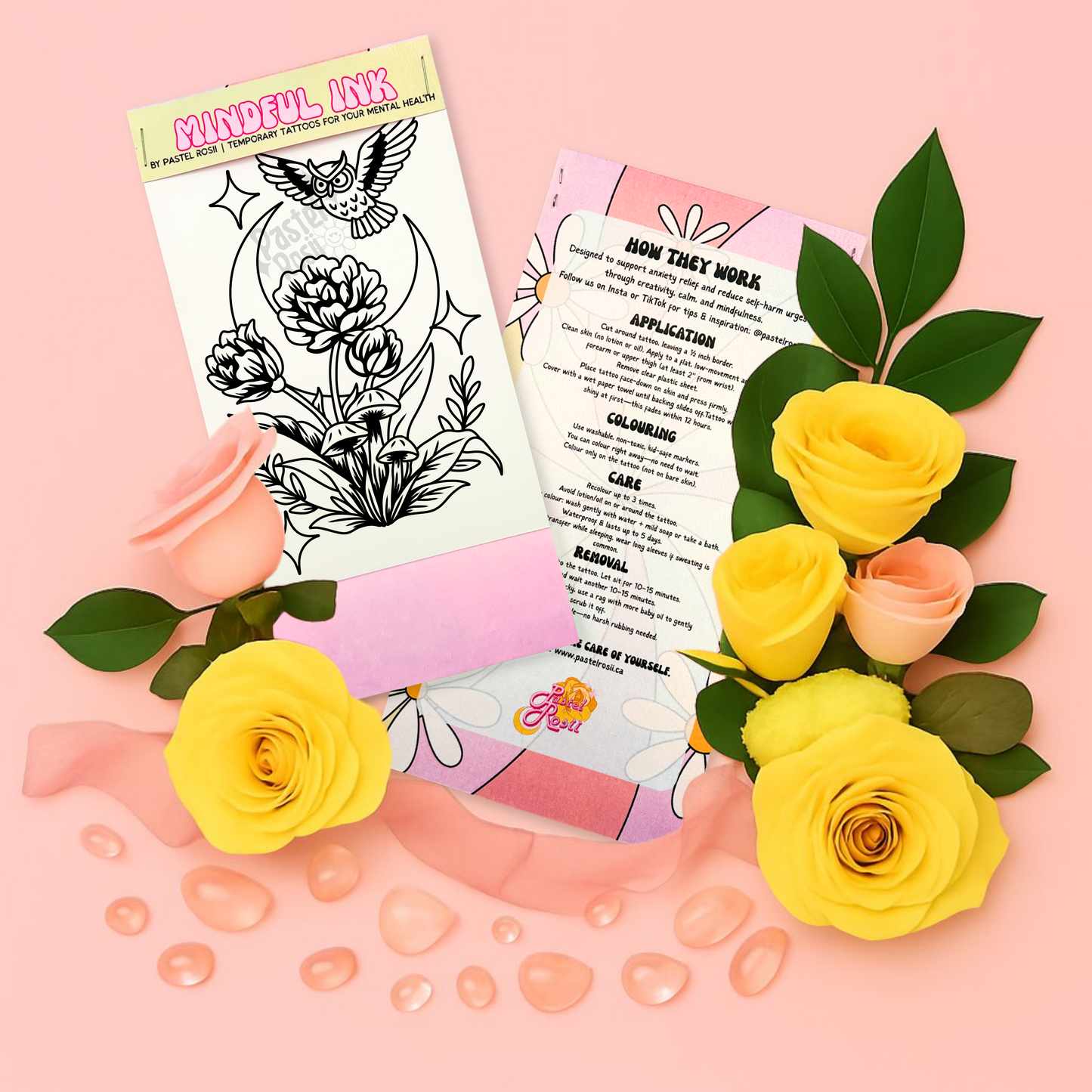 Temporary tattoo with flowers and leaves on a pink background