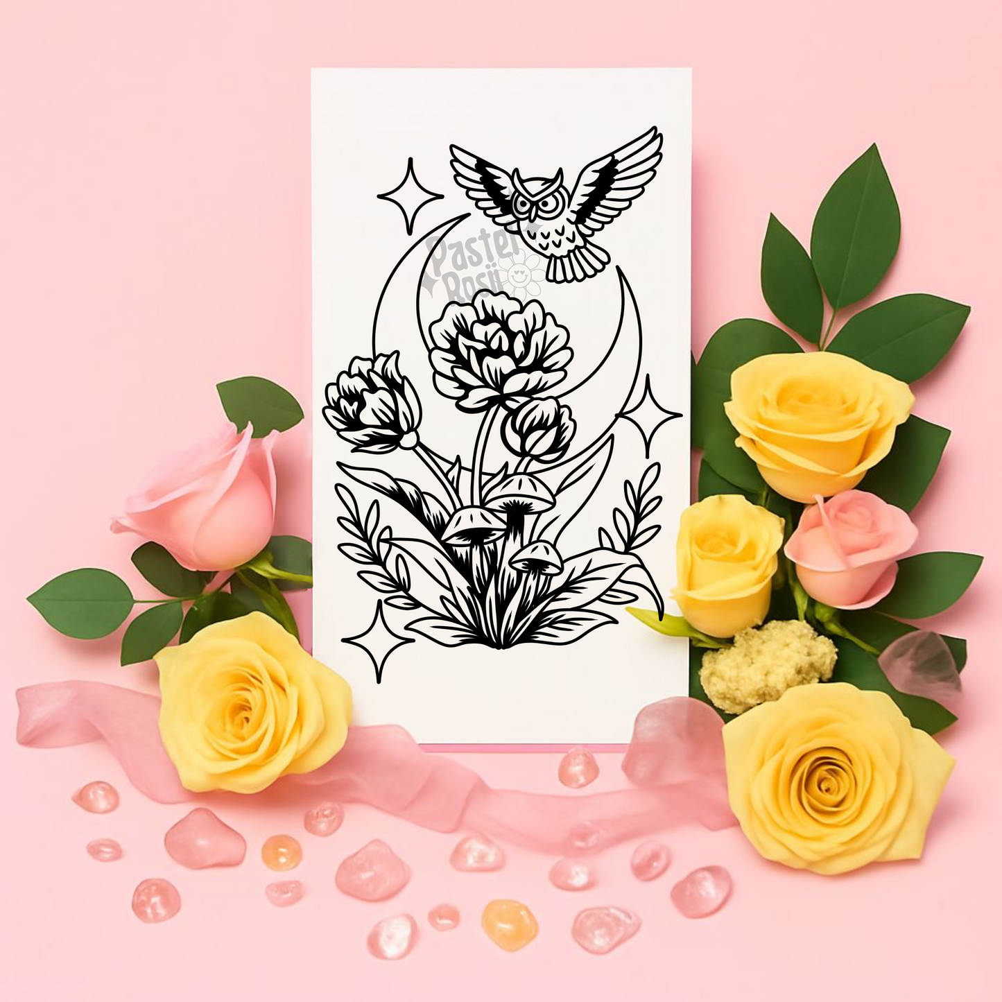 Floral tattoo design with roses on a pink background