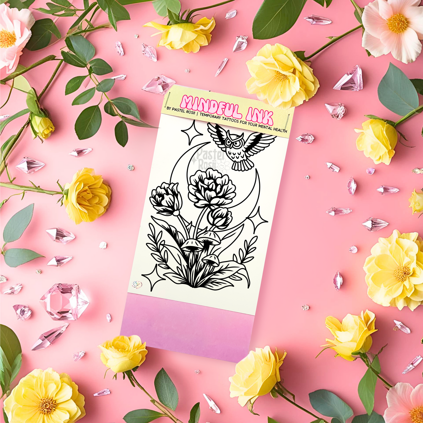 Floral tattoo stencil on a pink background with flowers and rhinestones