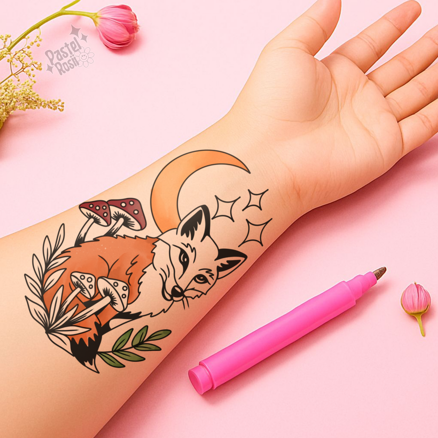 Hand with a fox tattoo on a pink background, featuring a pink tattoo pen.