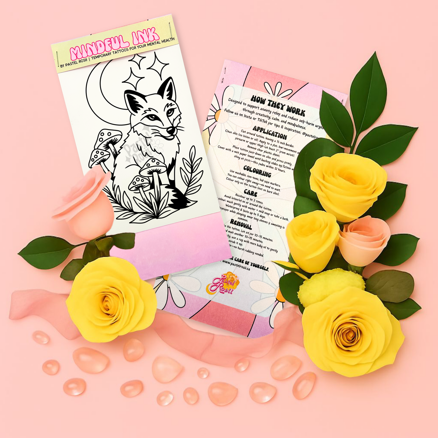 Temporary tattoo with fox design, application sheet, and flowers on a pink background