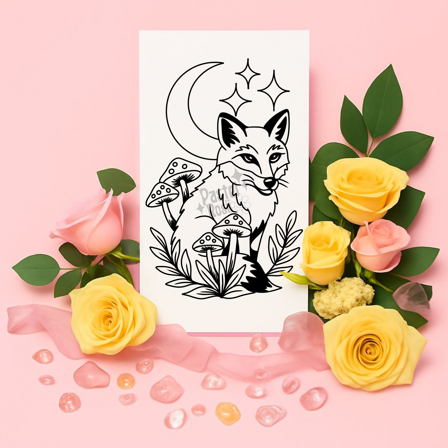 Tattoo design of a fox with mushrooms and leaves on a white card, surrounded by pink and yellow roses on a pink background.