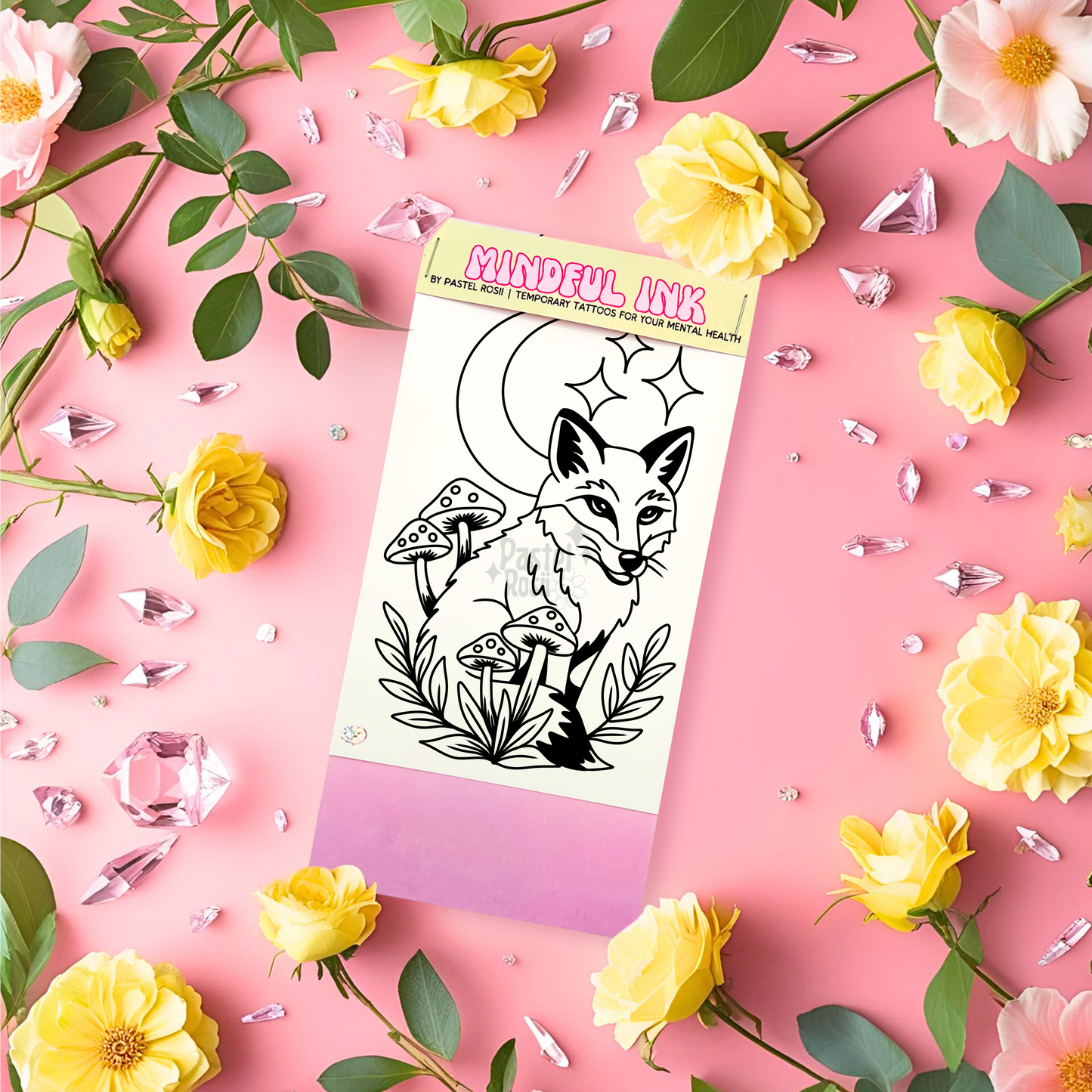Fox tattoo design sheet on a pink background with flowers and decorative elements
