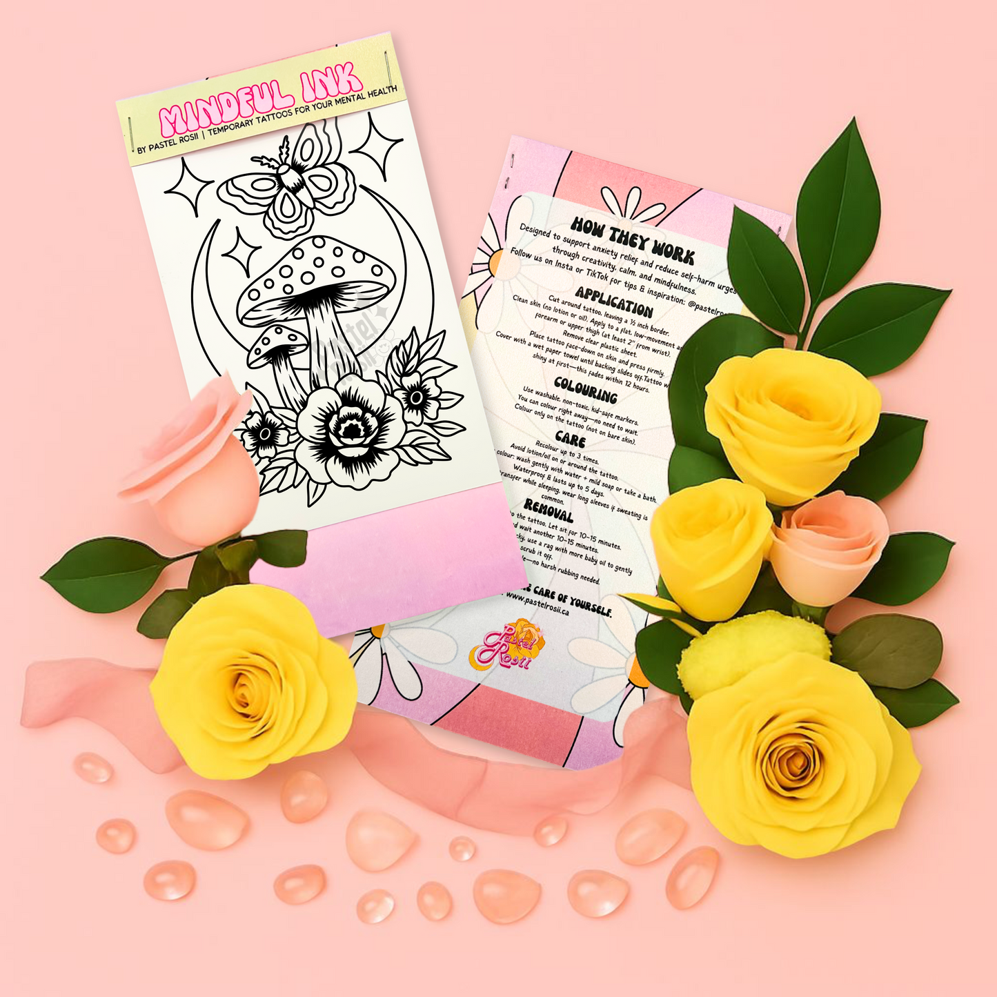 Temporary tattoo with mushroom design, application sheet, and flowers on a pink background
