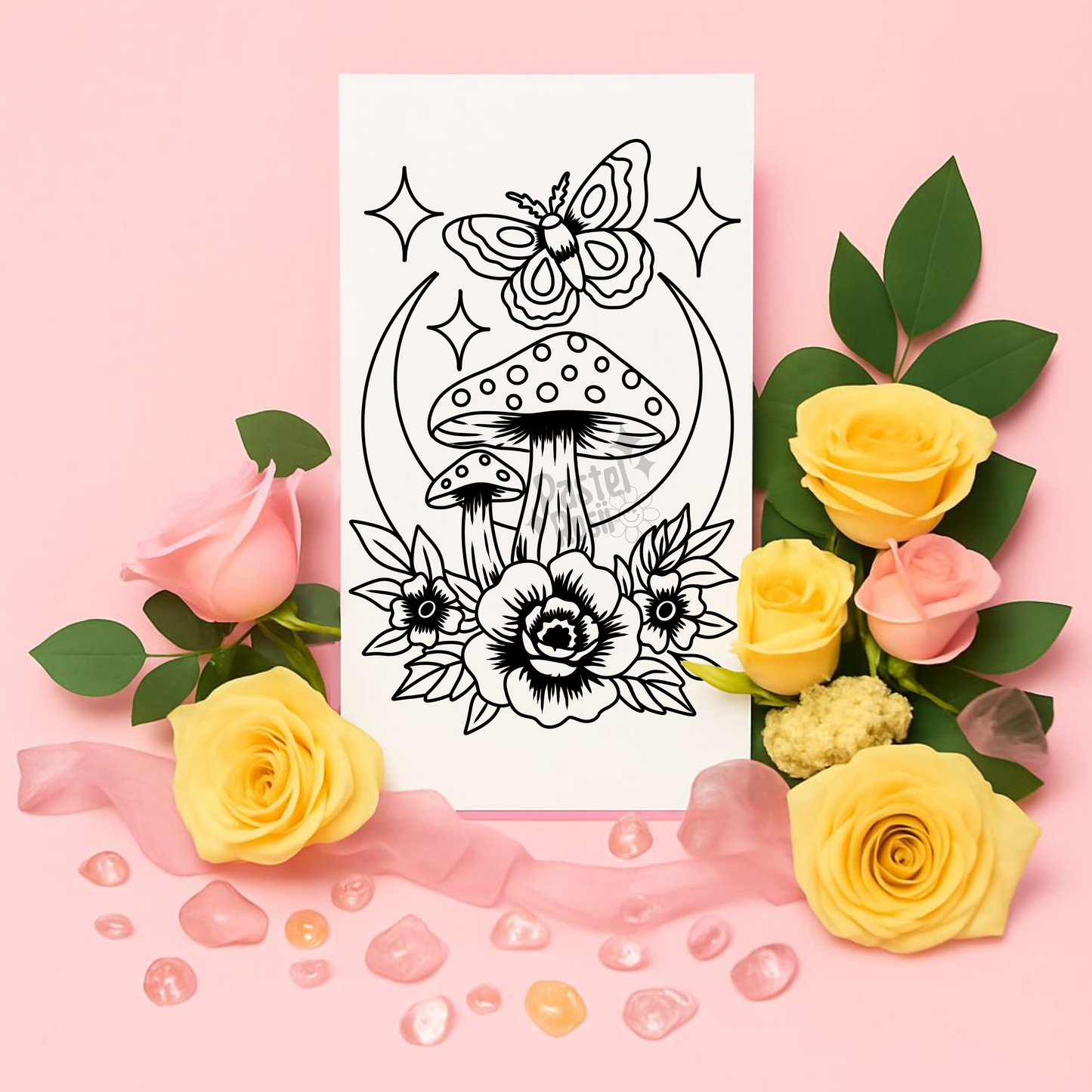 Black and white tattoo design of a mushroom and butterfly surrounded by colorful roses on a pink background.
