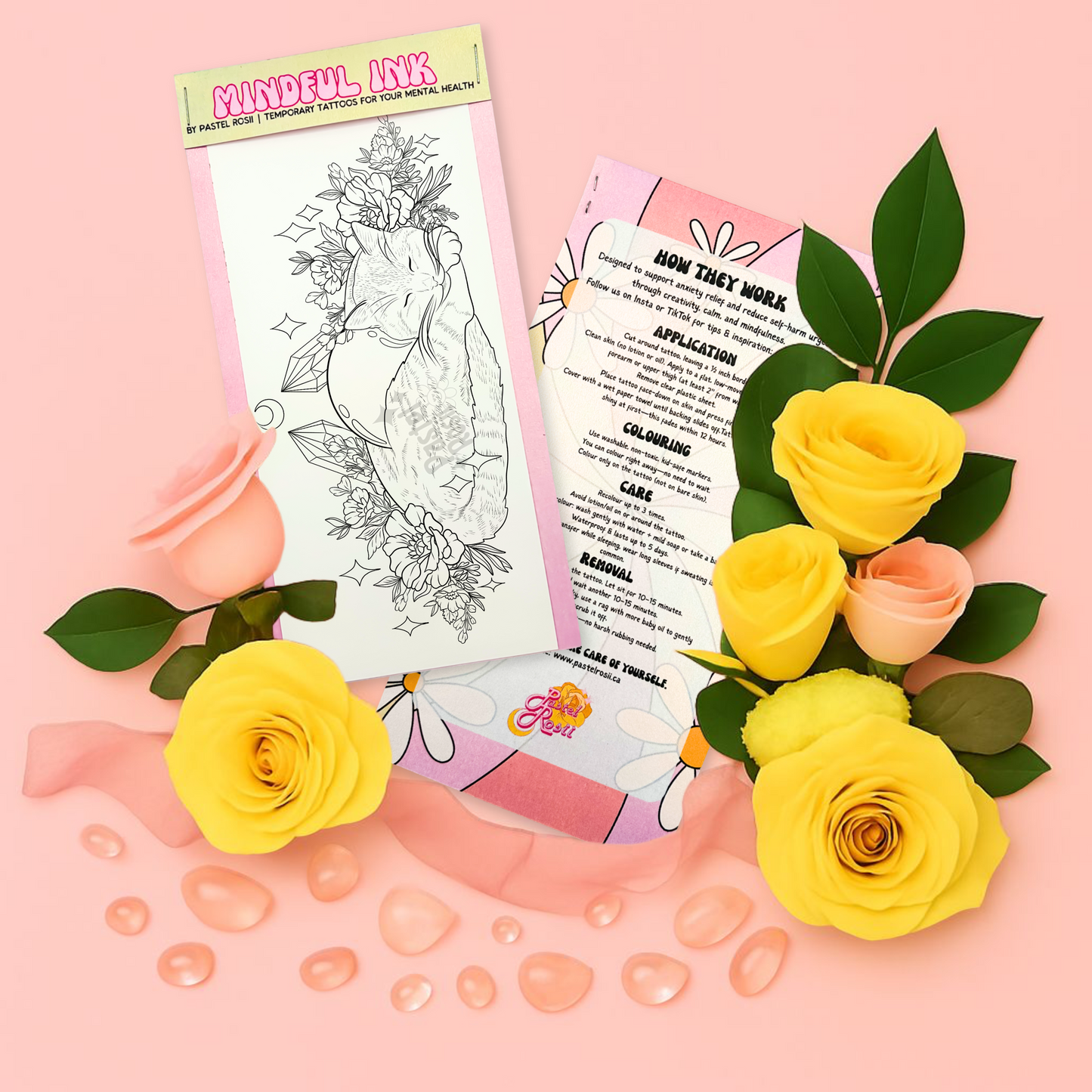 Mindful Ink tattoo kit with flowers on a pink background