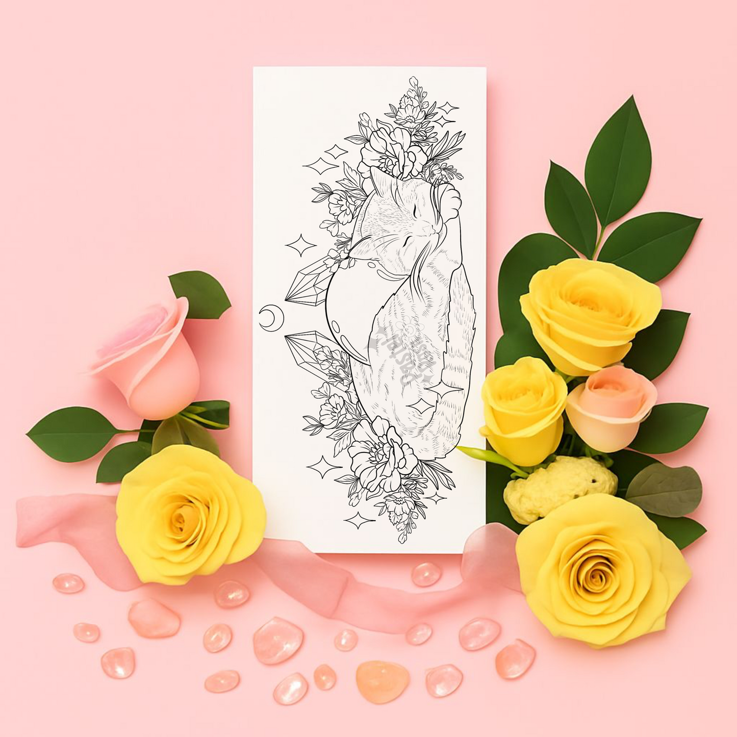 Sleeping cat tattoo design with yellow roses and green leaves on a pink background