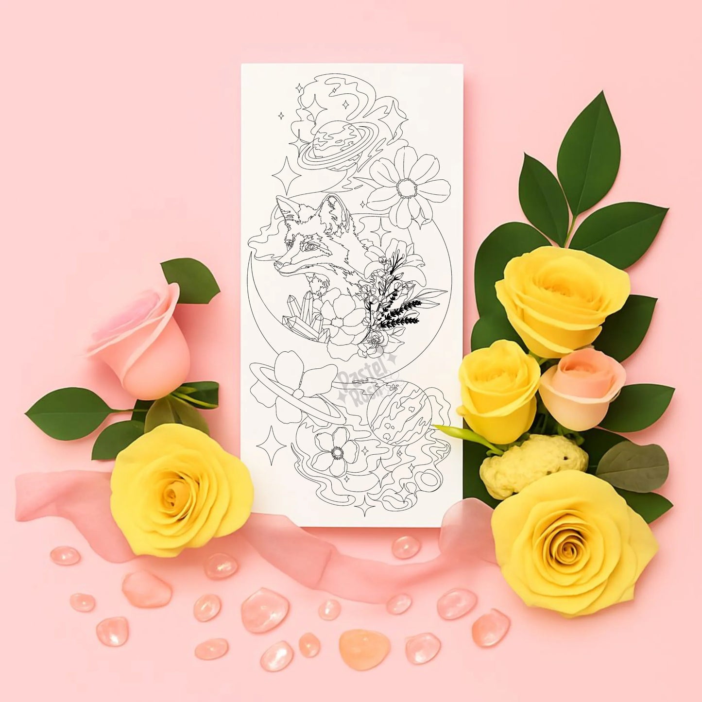 Temporary tattoo with floral designs surrounded by yellow and pink roses on a pink background