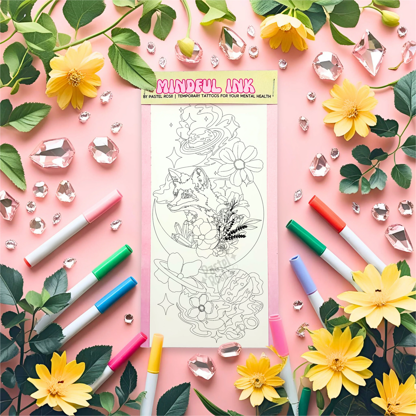 temporary tattoos on a pink background with flowers and markers.