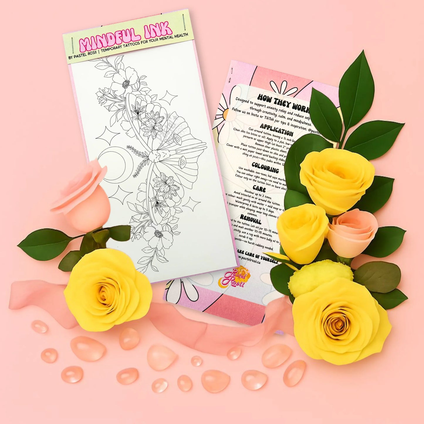 Temporary tattoo with floral design on a pink background with flowers and leaves.