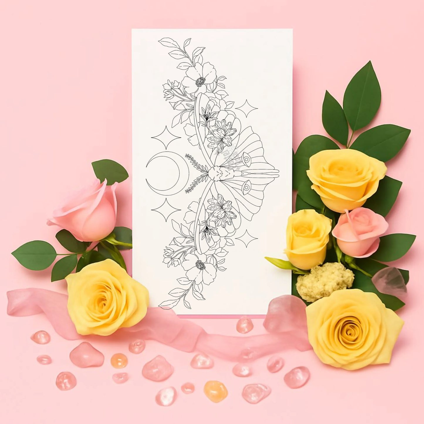 Floral arrangement with yellow and pink roses on a pink background, featuring a temporary tattoo.