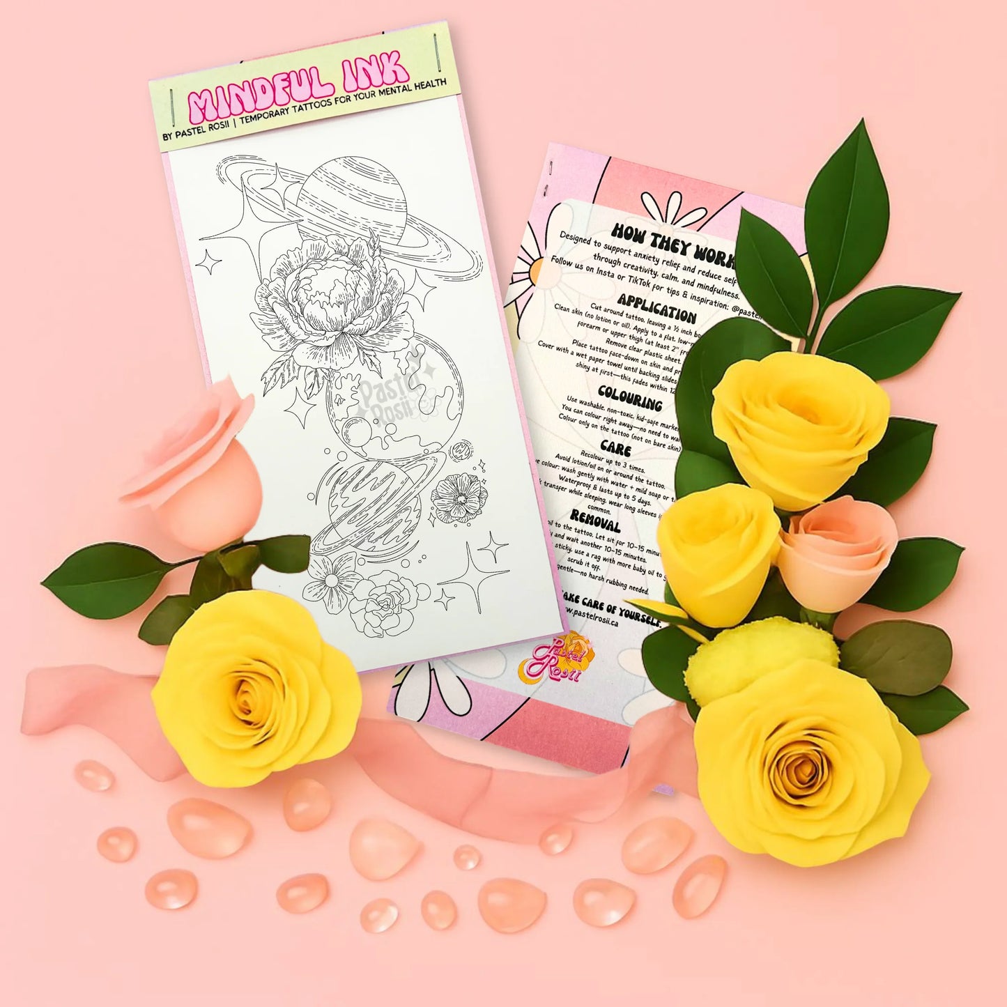 Temporary tattoo with floral designs and yellow roses on a pink background