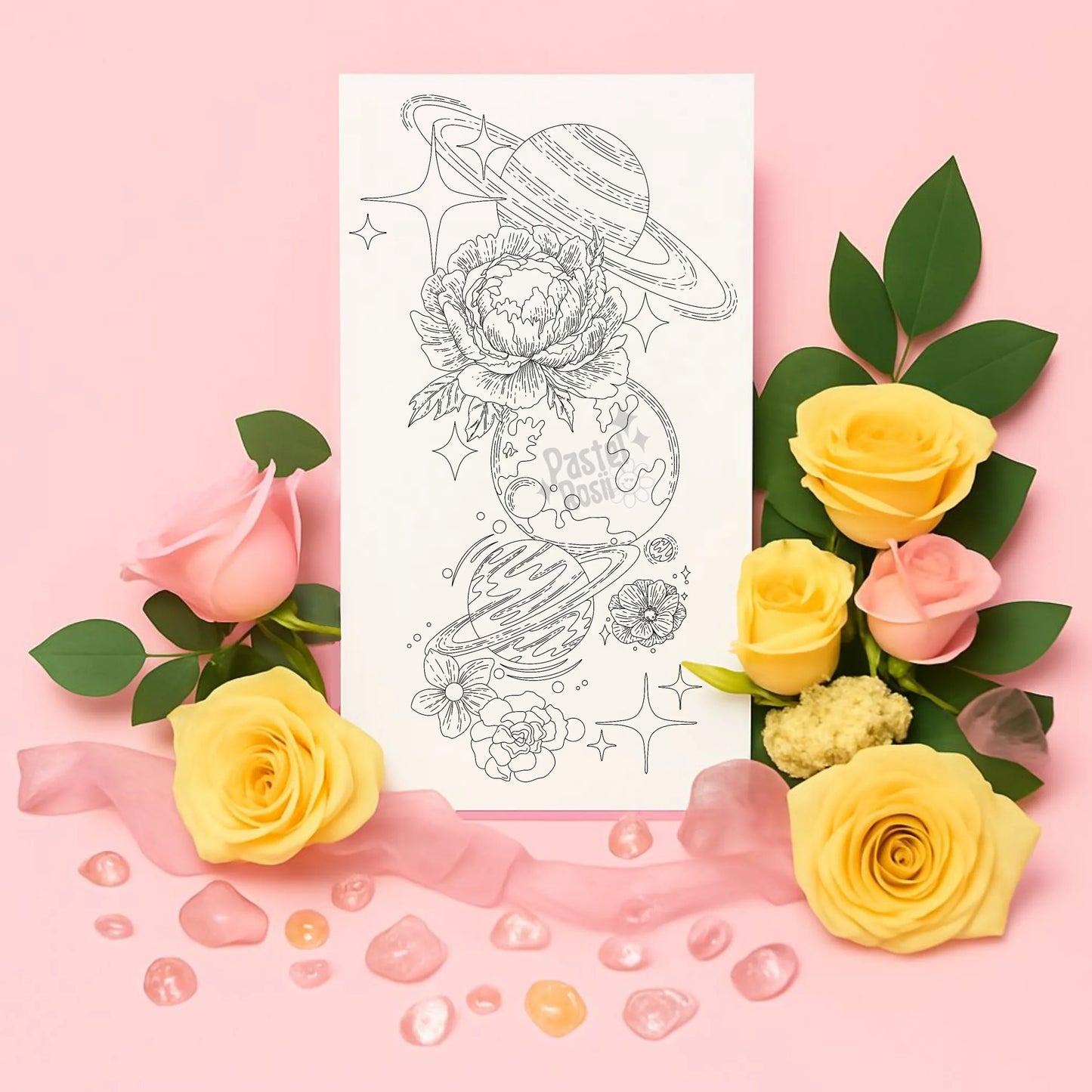 Temporary tattoo with space-themed design surrounded by pink and yellow roses on a pink background