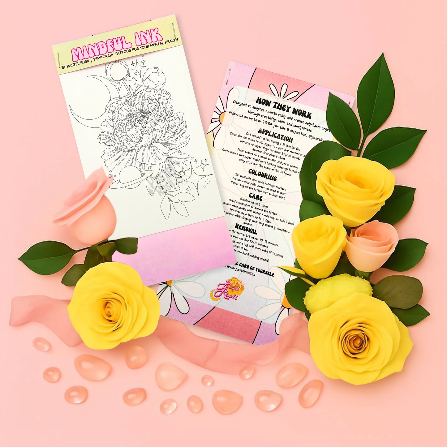 Temporary tattoo with floral design, application sheet, and flowers on a pink background