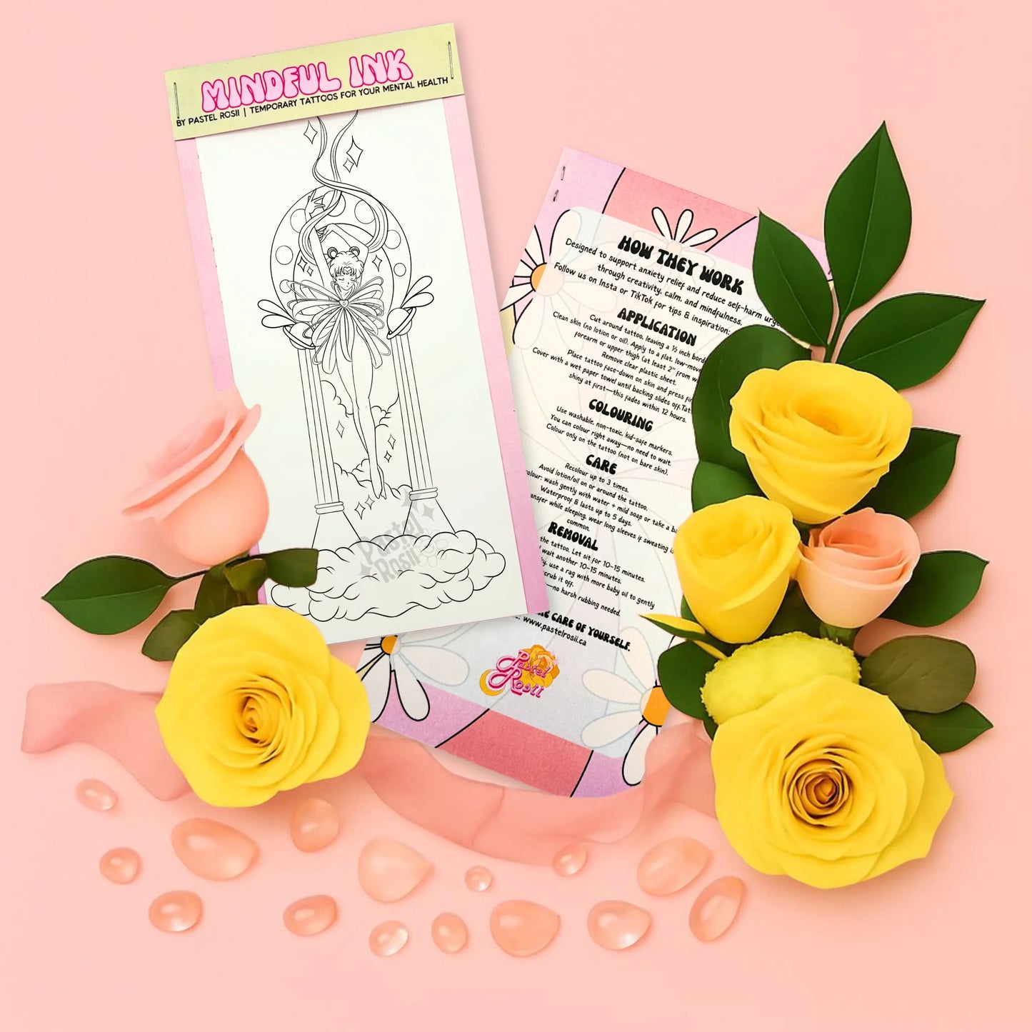 Mindful Ink product with floral design on a pink background