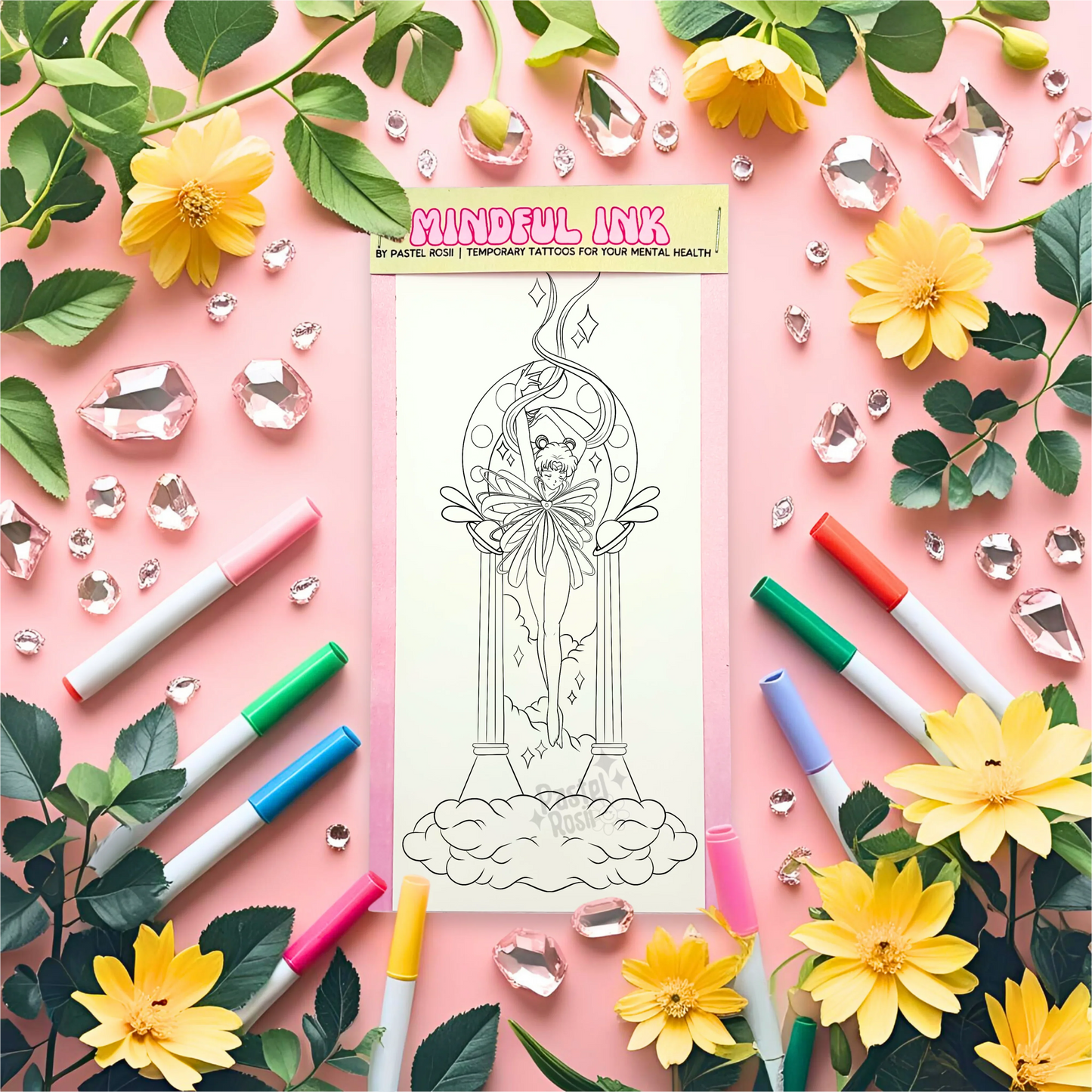 Temporary tattoo with markers and flowers on a pink background
