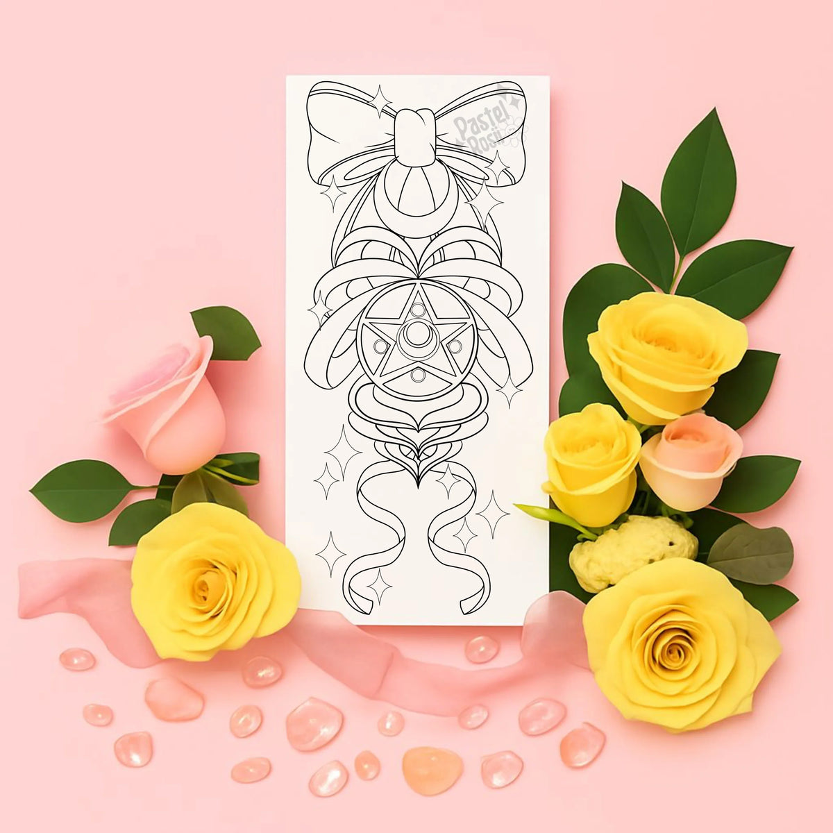 Temporary tattoo with a cat design surrounded by yellow and pink roses on a pink background