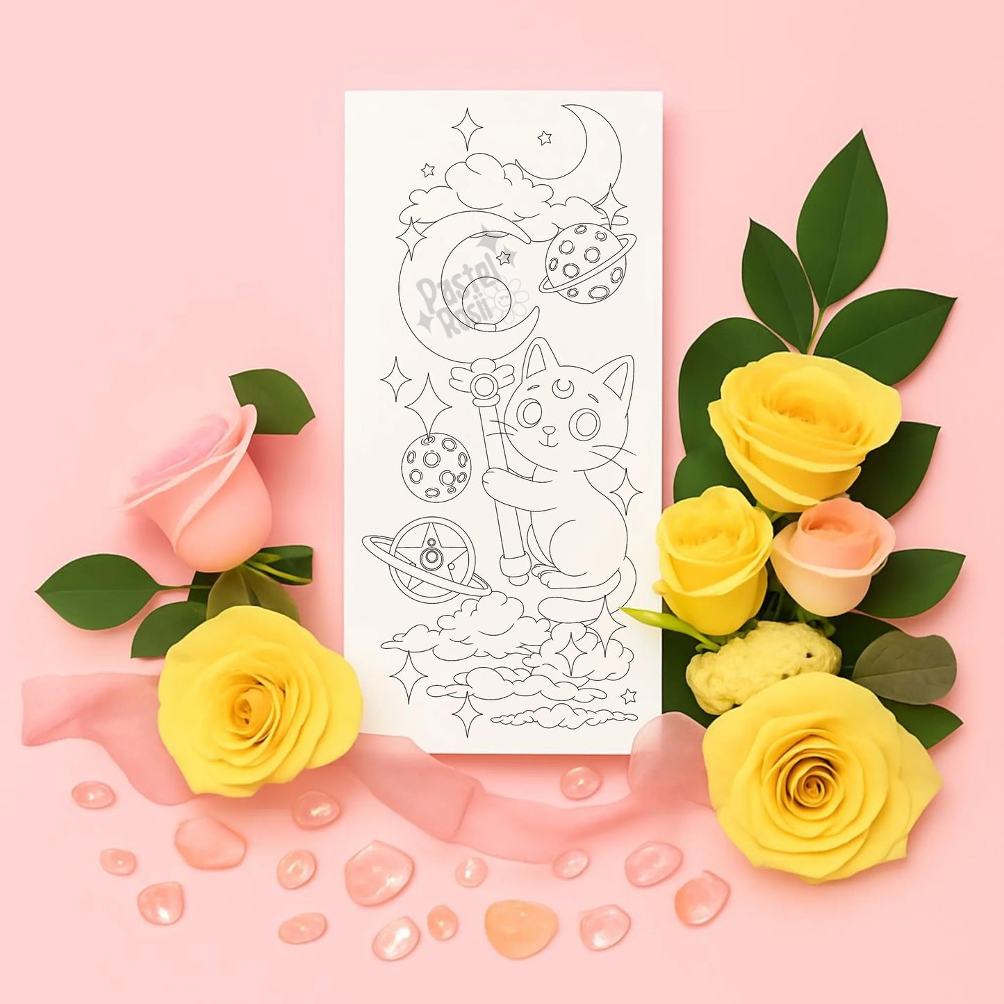 Temporary tattoo with a cat and moon design, surrounded by yellow and pink roses on a pink background.