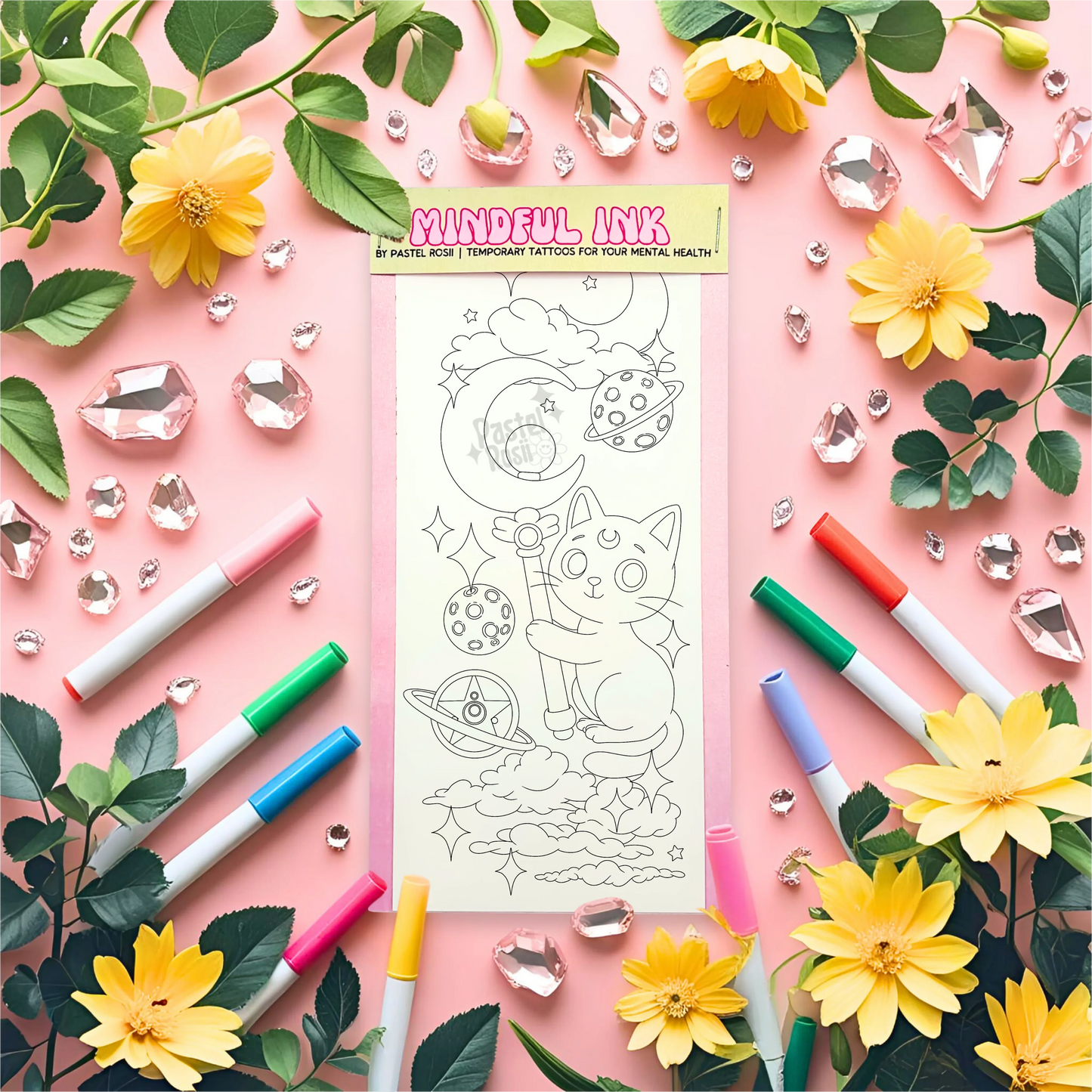 Mental health temporary tattoos with markers and flowers on a pink background