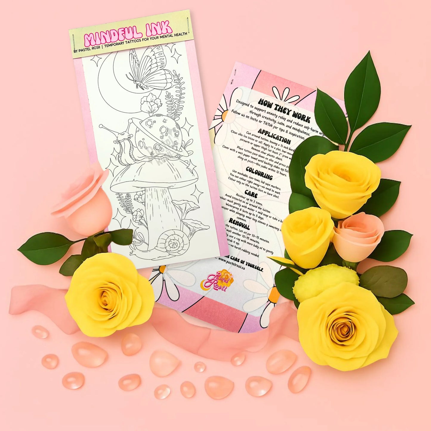 Mindful Ink temporary tattoo set with roses on a pink background