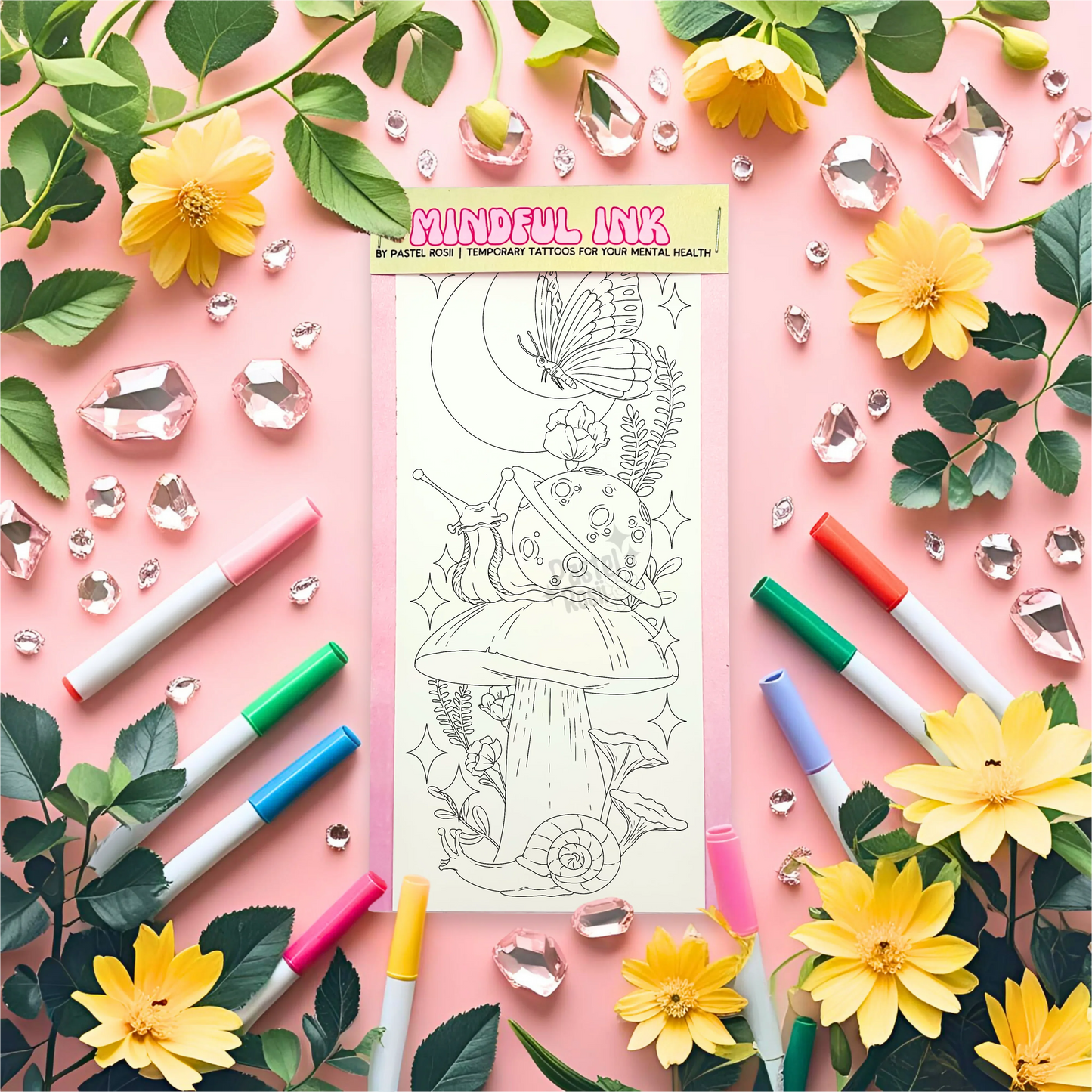Mental health temporary tattoos with markers and flowers on a pink background