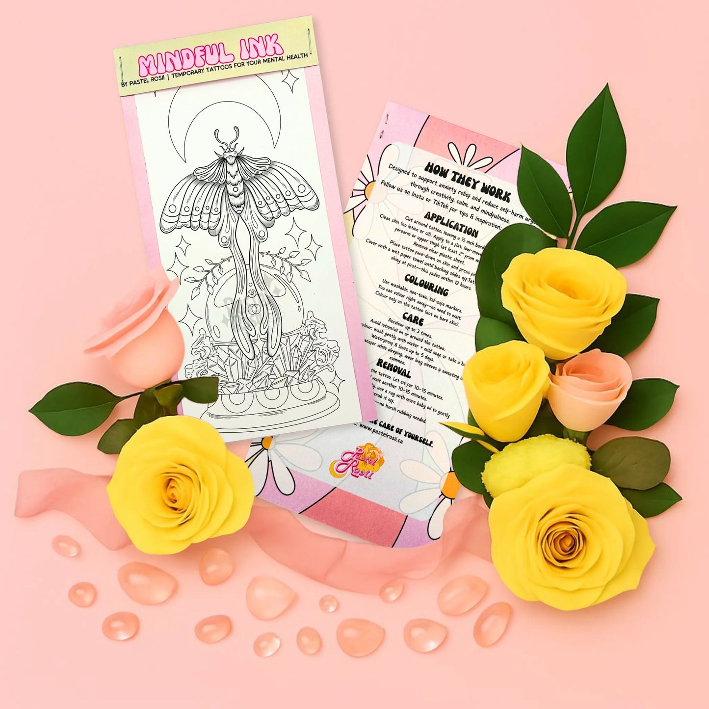 Temporary tattoo with butterfly design, flowers, and instructions on a pink background