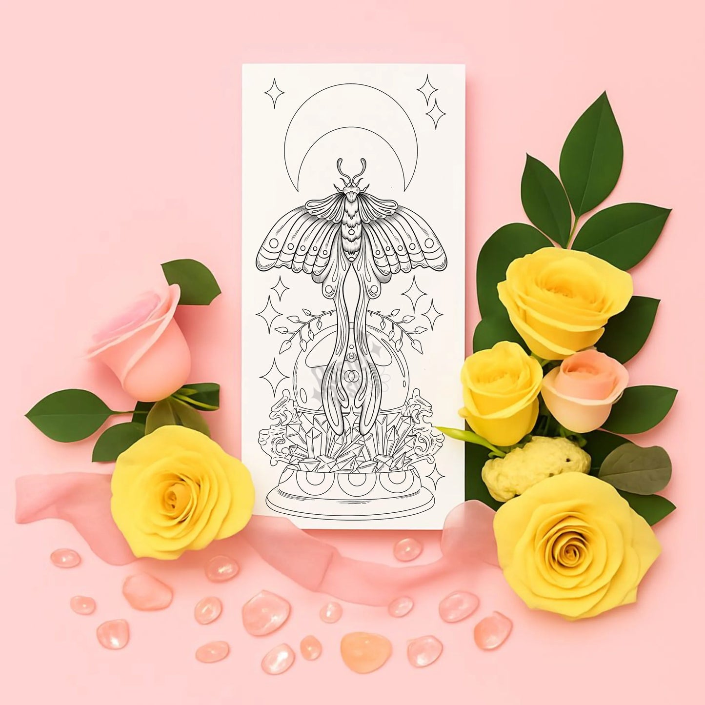 Temporary tattoo with moth design surrounded by yellow and pink roses on a pink background