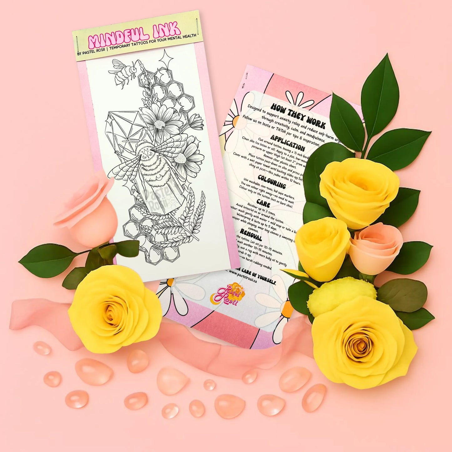 Temporary tattoo with flowers and leaves on a pink background