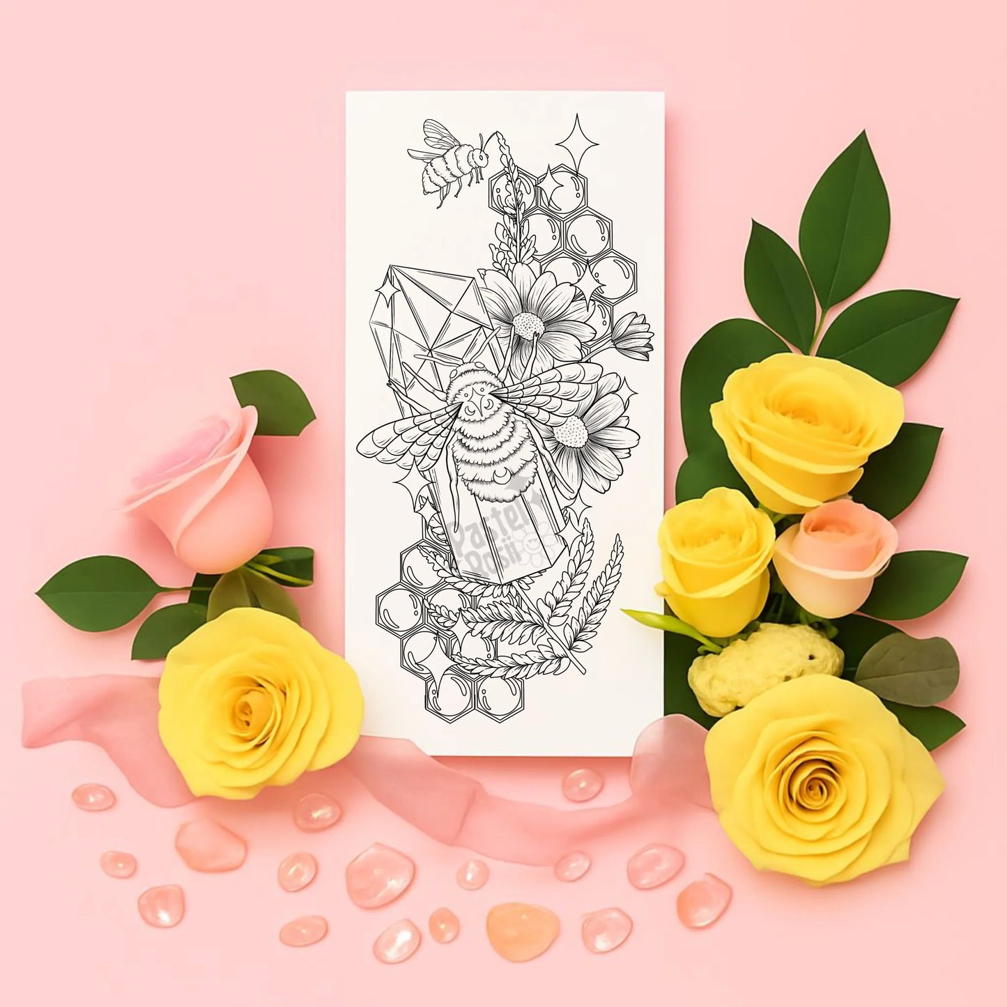 Black and white tattoo design sheet with roses on a pink background