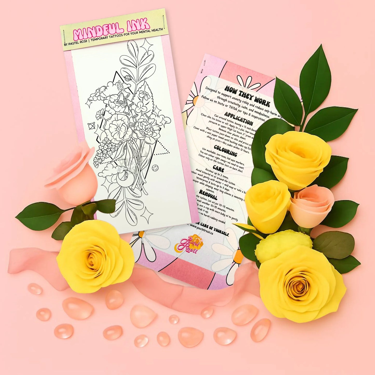 Temporary tattoo with floral design, application sheet, and yellow roses on a pink background