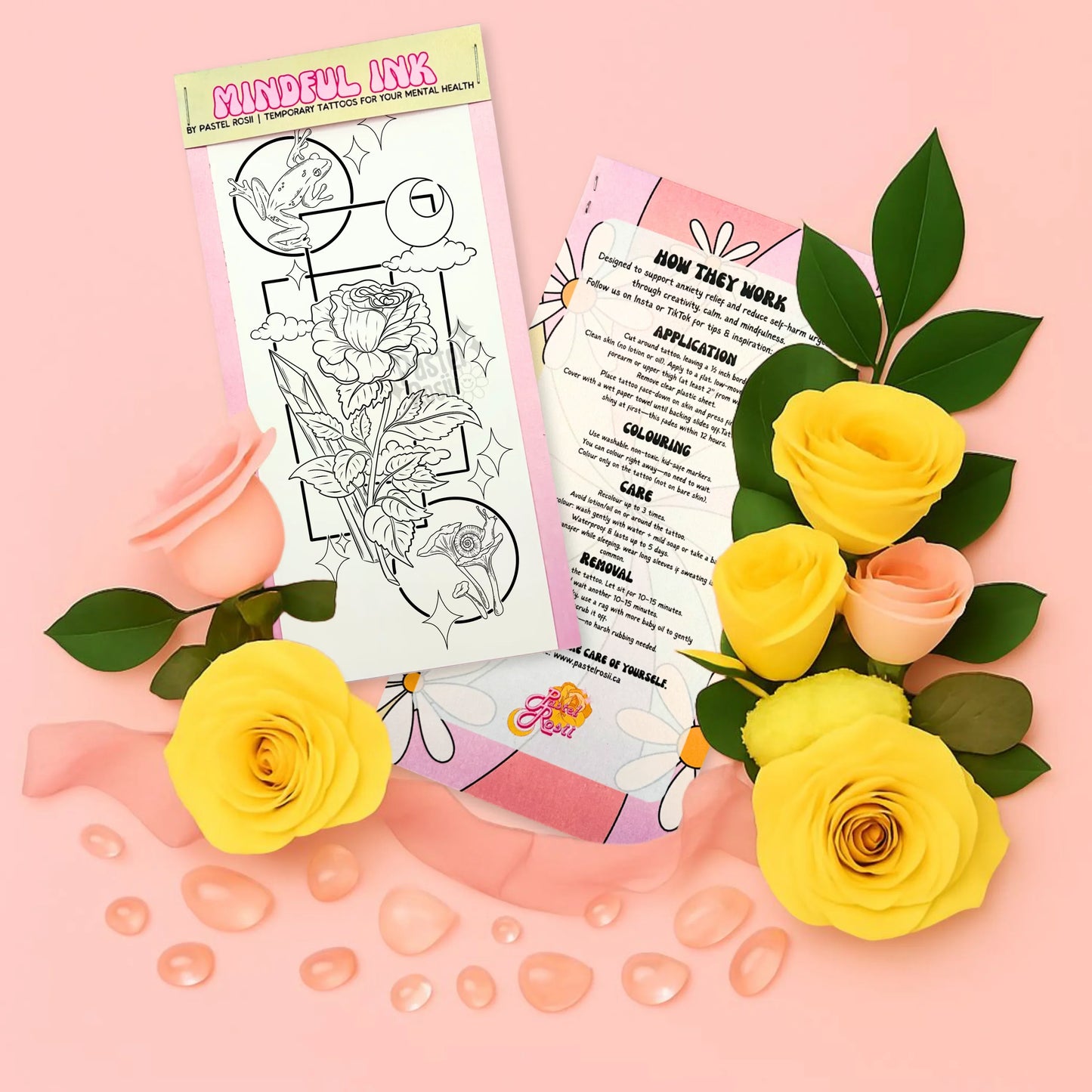 Temporary tattoo with floral designs and flowers on a pink background