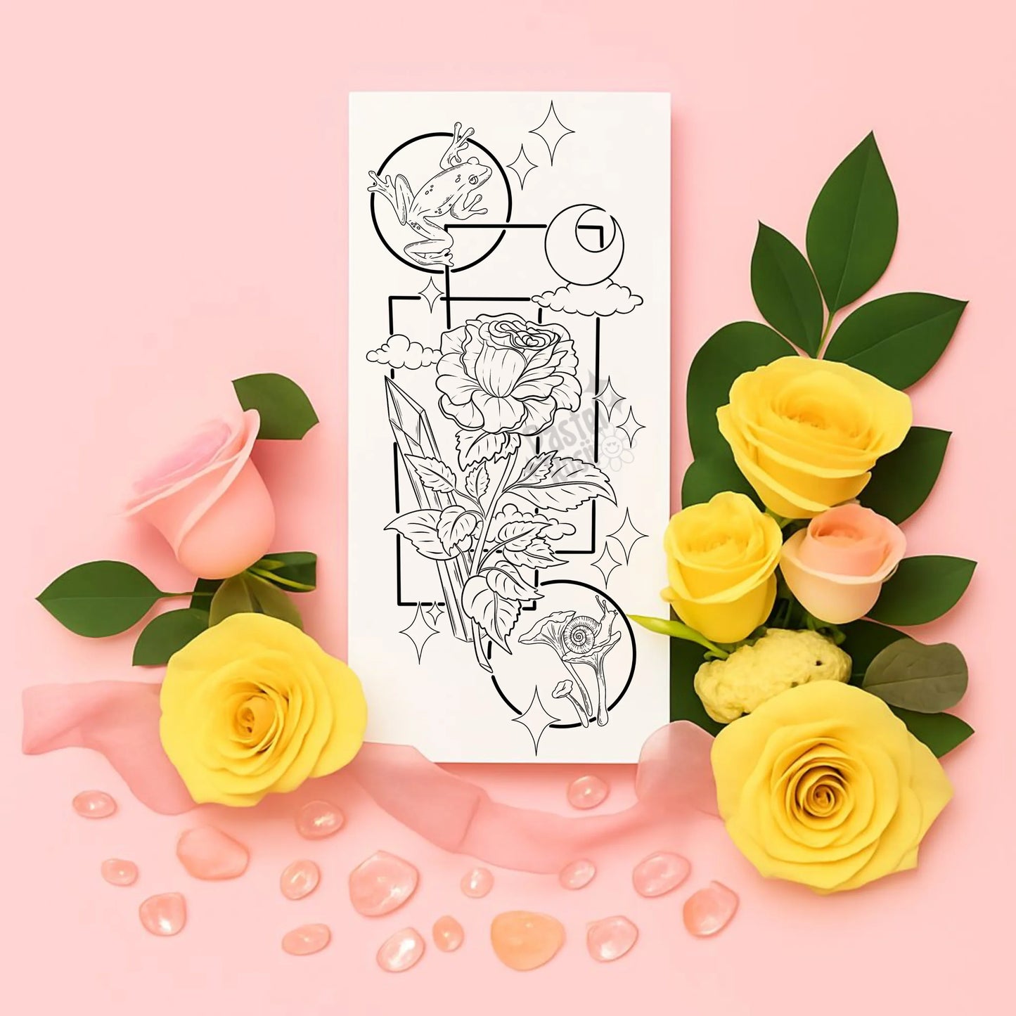 Black and white floral design on a pink card with yellow and pink roses.