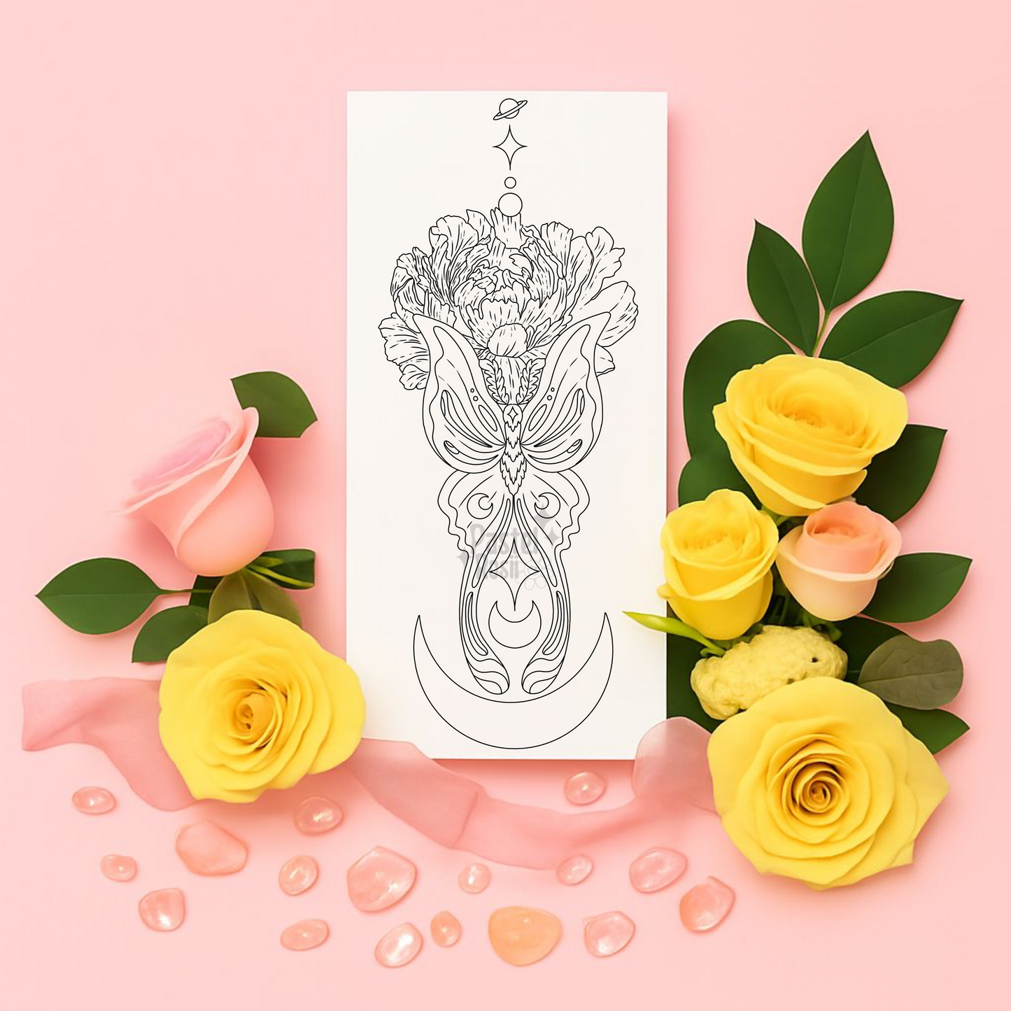 Tattoo stencil with floral design surrounded by yellow and pink roses on a pink background