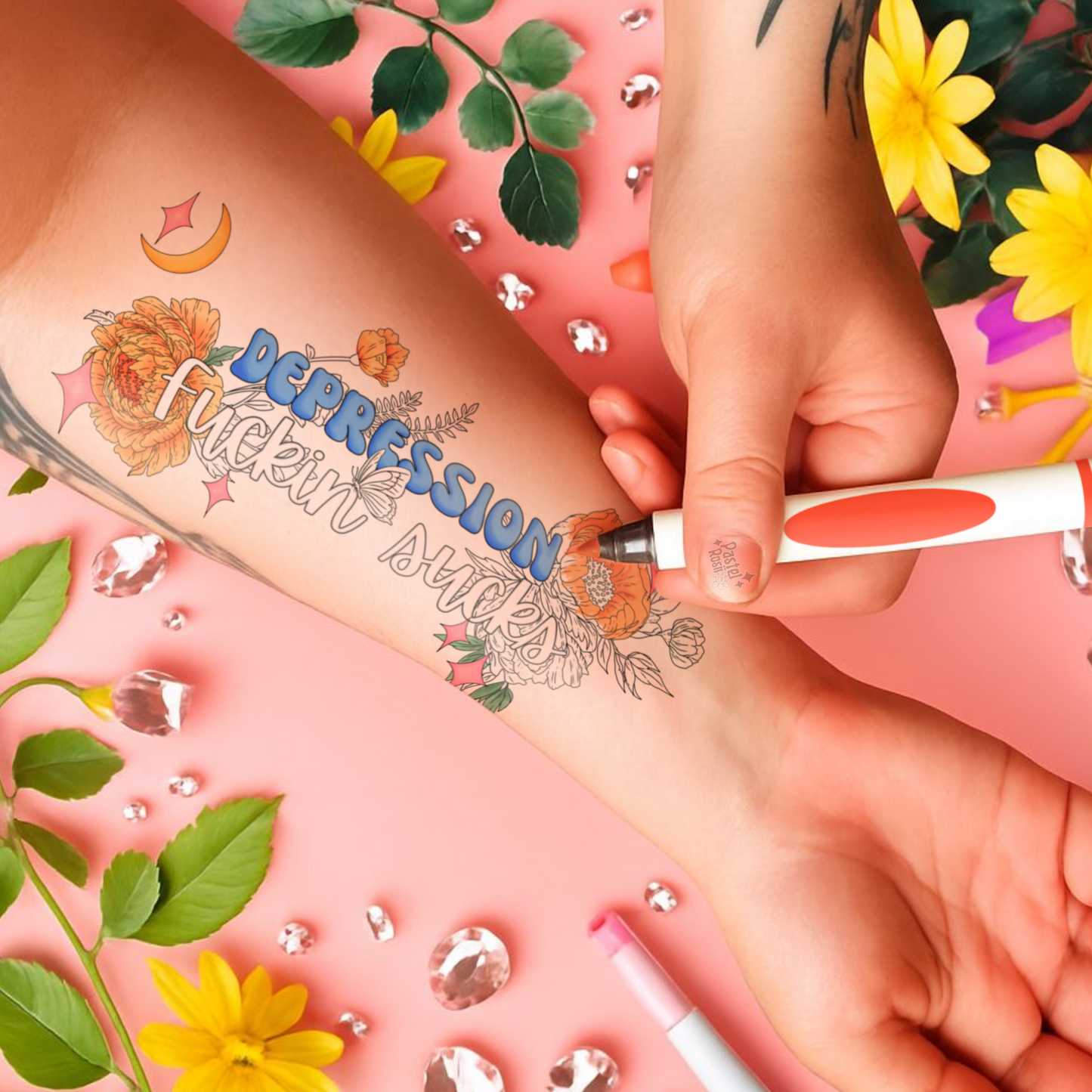 Tattoo of 'Depression fuckin sucks' being applied on a wrist with decorative elements.