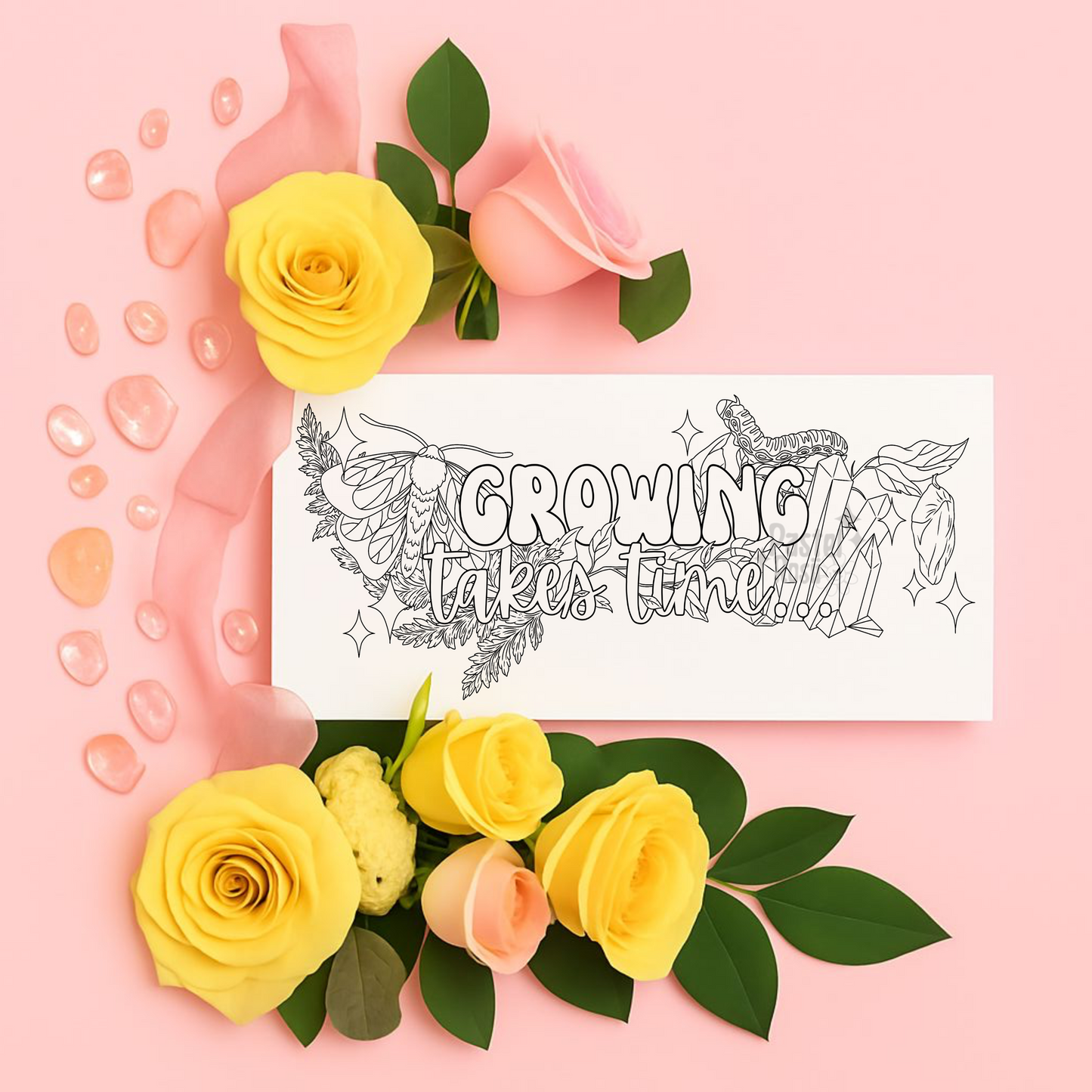 Floral arrangement with yellow roses and green leaves on a pink background, featuring a temporary tattoo page with 'Growing Trees Time' text.