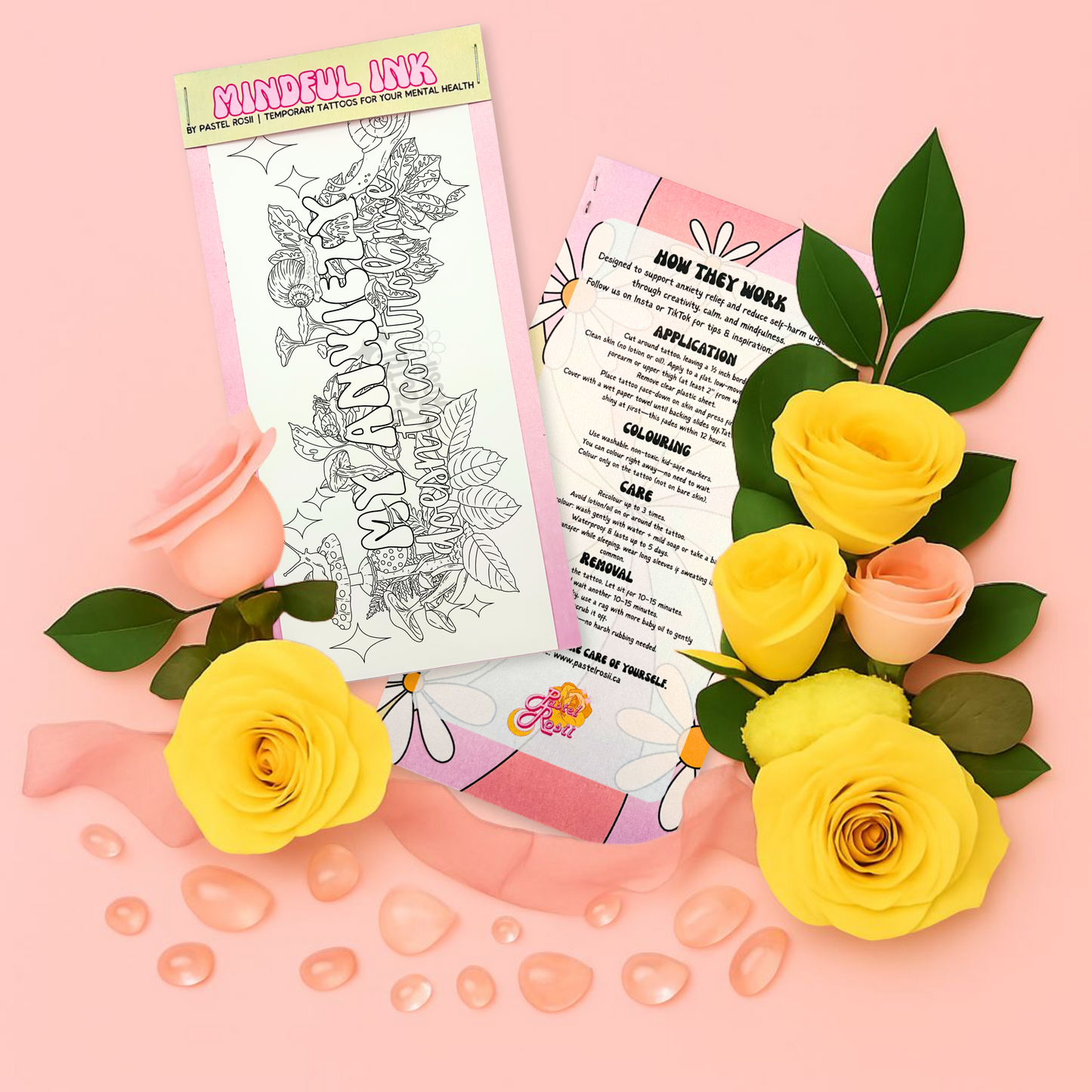 Temporary tattoo with flowers on a pink background