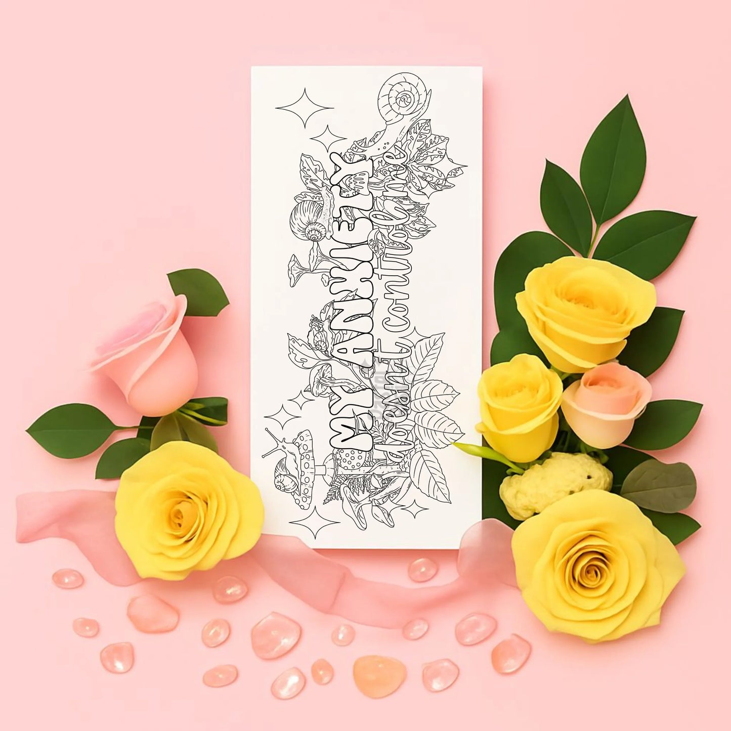 temporary tattoo with floral design and text on a pink background with flowers.