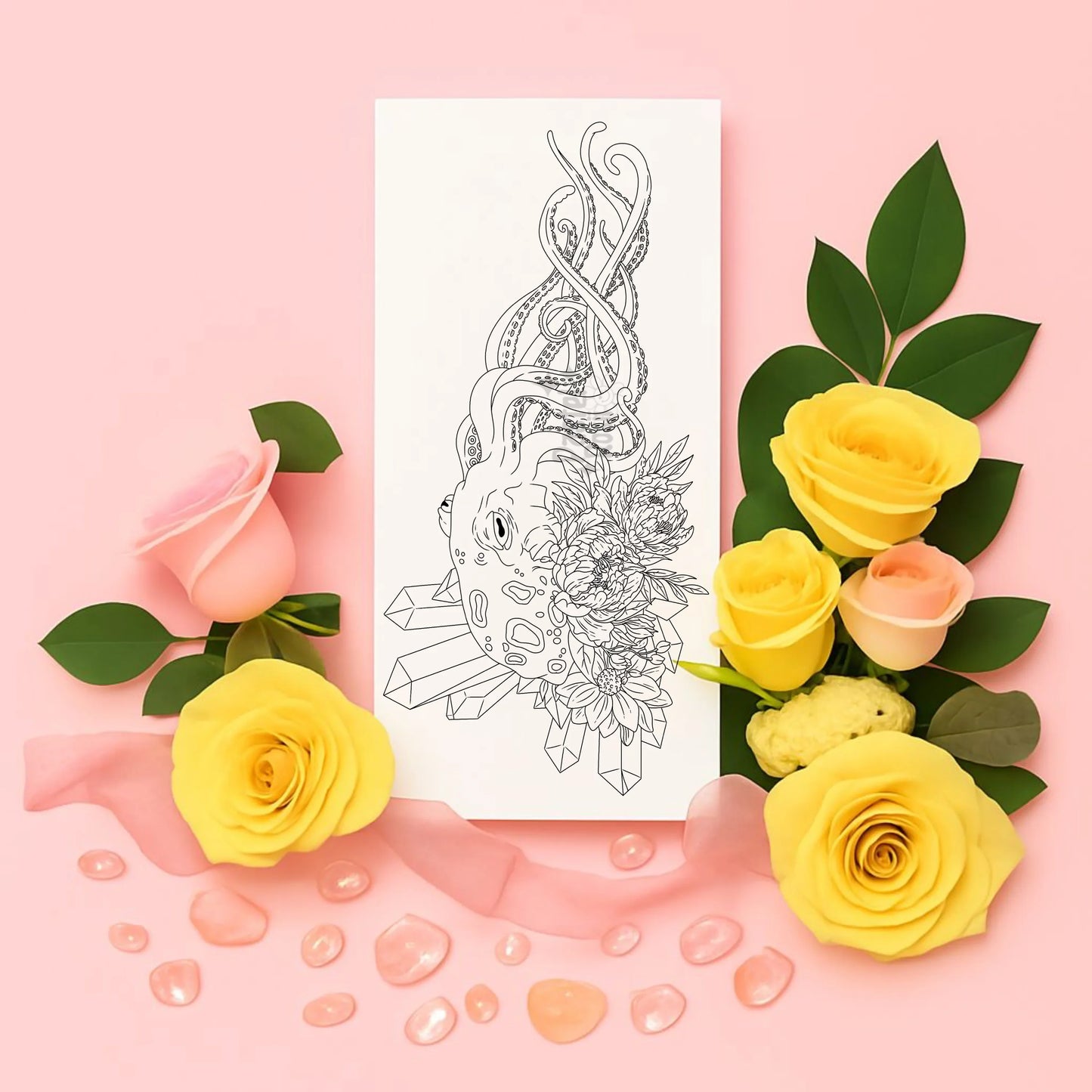 Temporary tattoo with octopus and floral design on a pink background with yellow roses and green leaves.