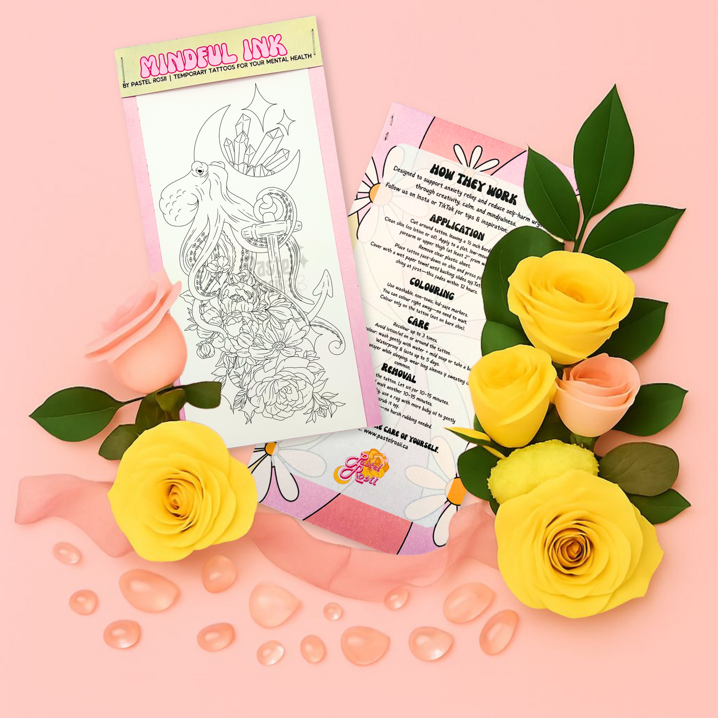 Temporary tattoo with flowers on a pink background