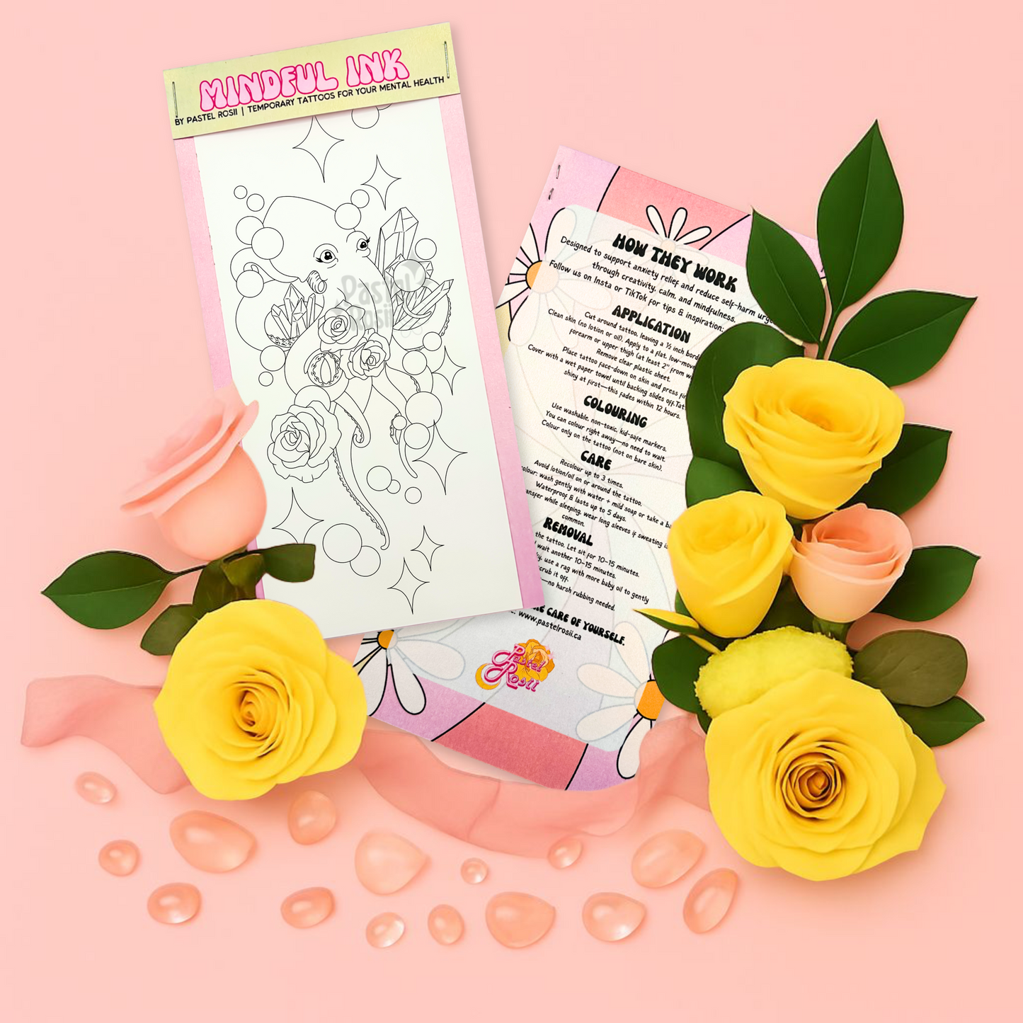 Temporary tattoo with flowers on a pink background