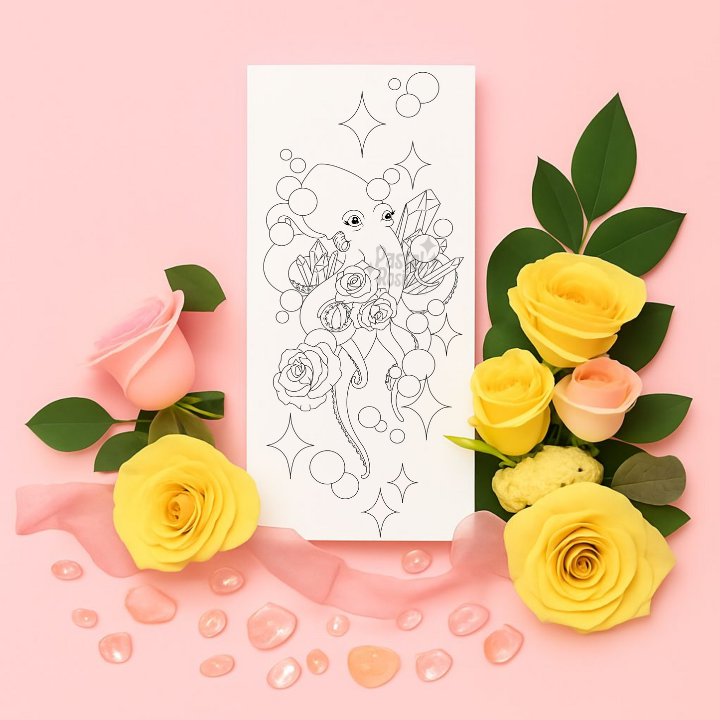 Temporary tattoo page with floral design surrounded by yellow and pink roses on a pink background