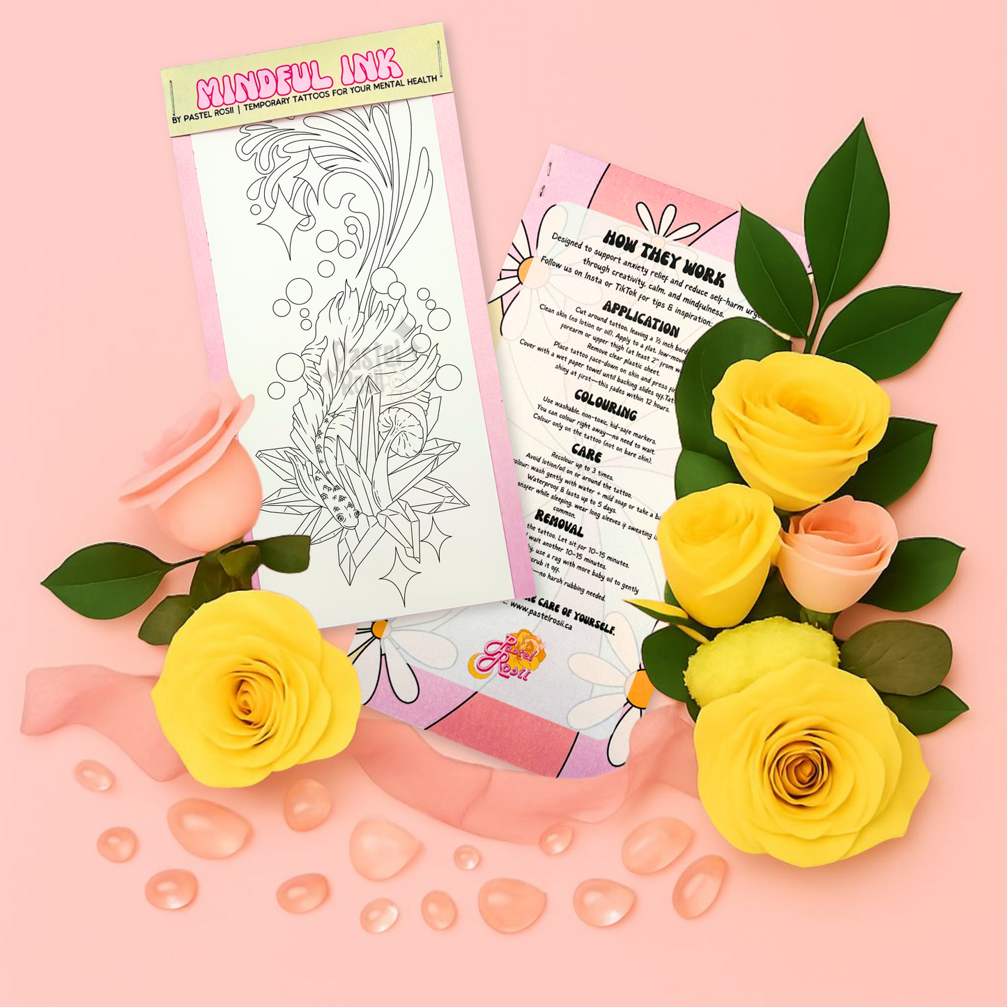 Temporary tattoo with flowers on a pink background