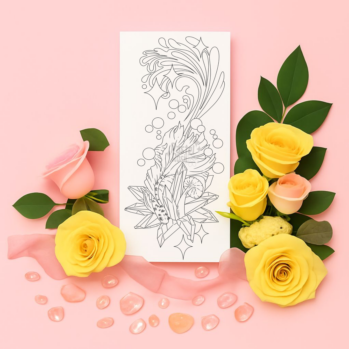 Floral design tattoo with pink and yellow roses on a pink background