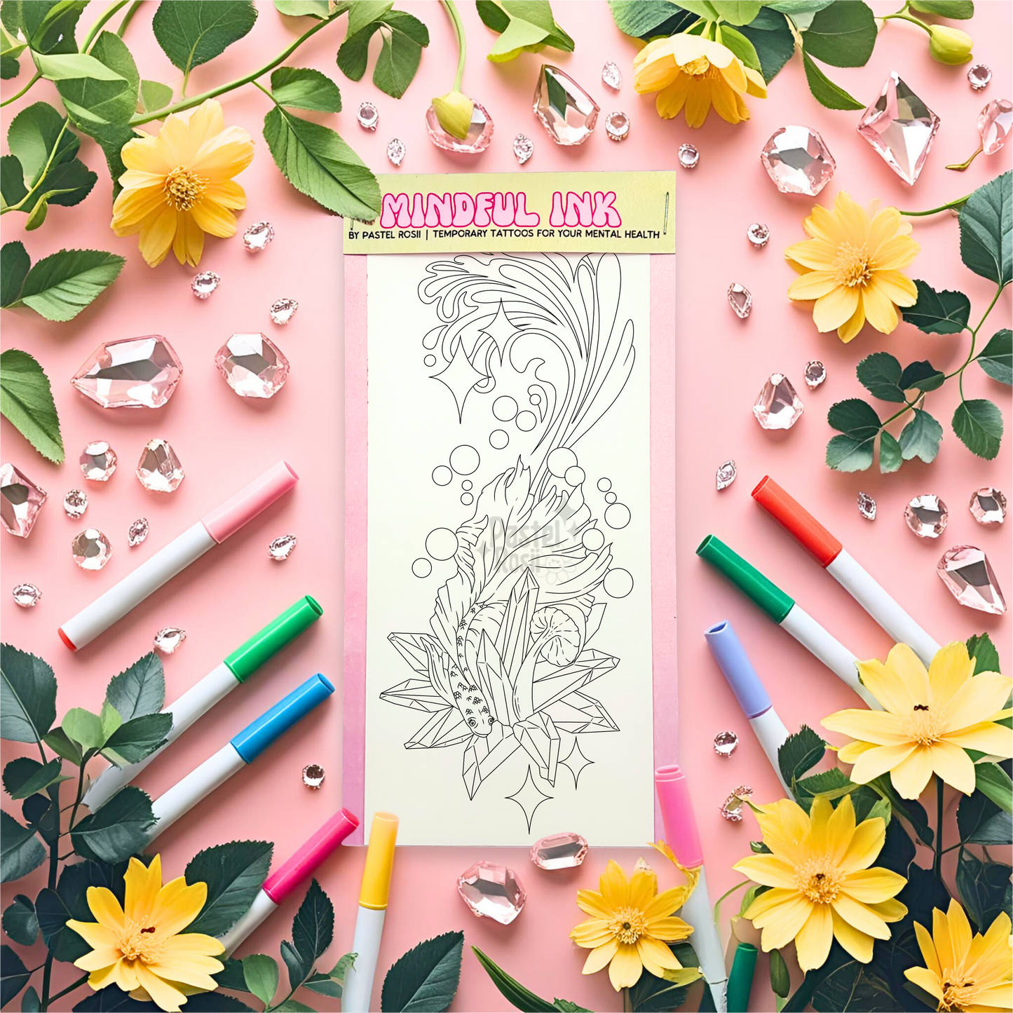 Temporary tattoo with markers and flowers on a pink background