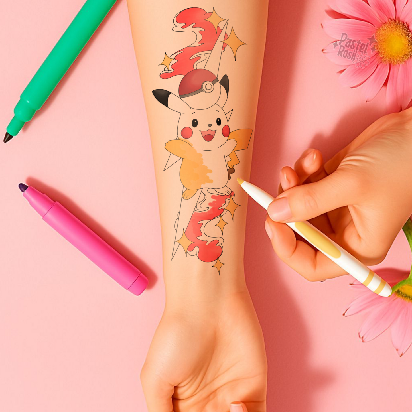 Temporary tattoo of a cartoon character being applied to a person's arm with markers and flowers on a pink background.